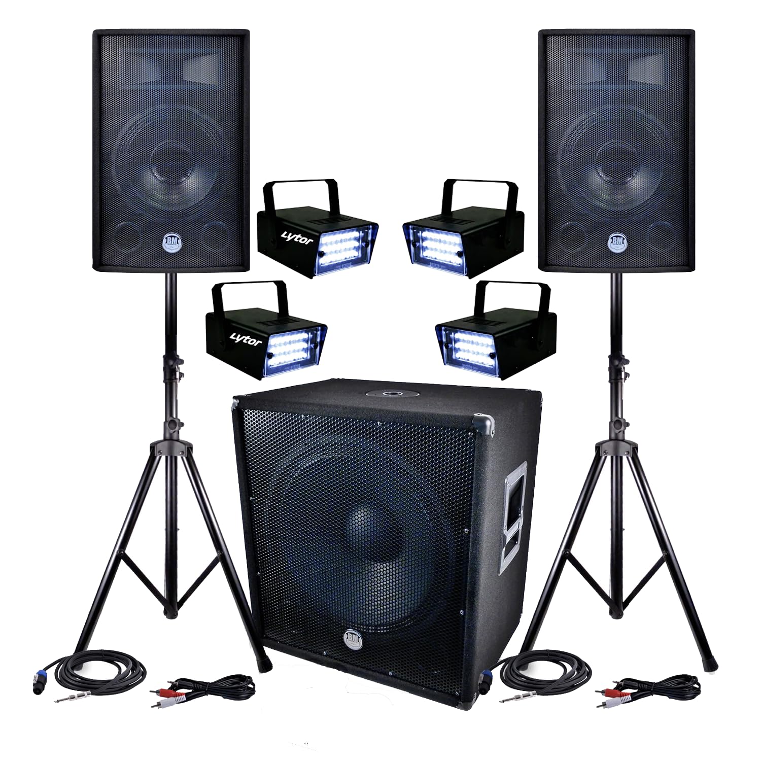 DJ-Sound-Set PA BMS-1812 2400 W SUB 46 cm – 2 HP 30 cm + Kabel + 4 Mini LED-Strobe LytOr