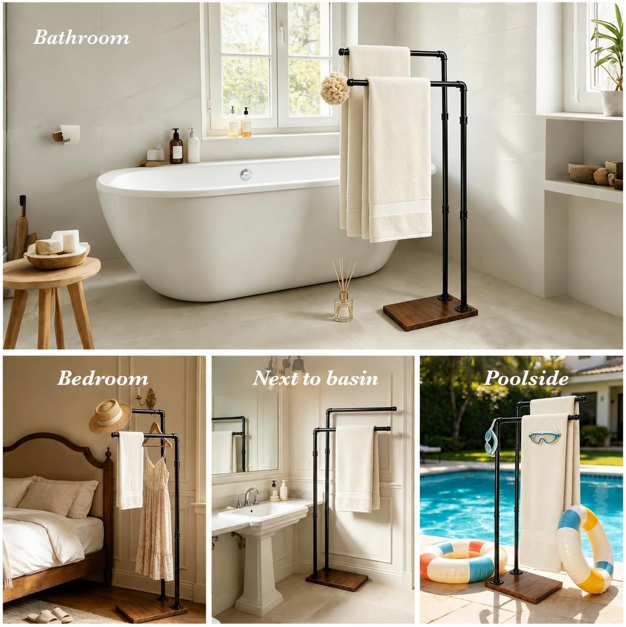 Hjarta Freestanding Towel Rack for Bathroom, 2-Tier Free Standing Towel Stand, Farmhouse Towel Holder for Bath Towel Sheet, Rustic Brown