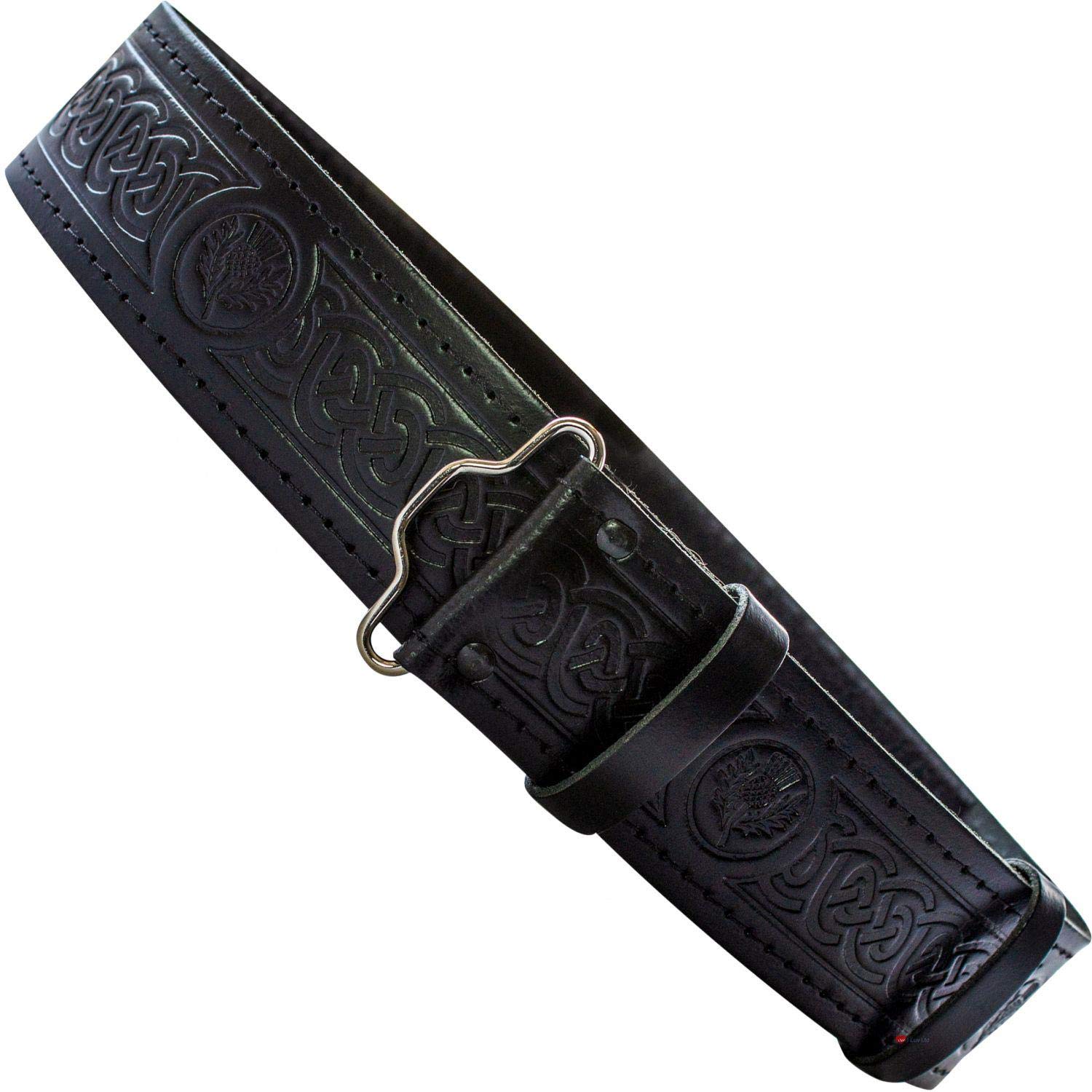 I LUV LTD Mens Leather Kilt Belt Celtic Thistle Hook and Loop Scottish Made, Waist Size 37