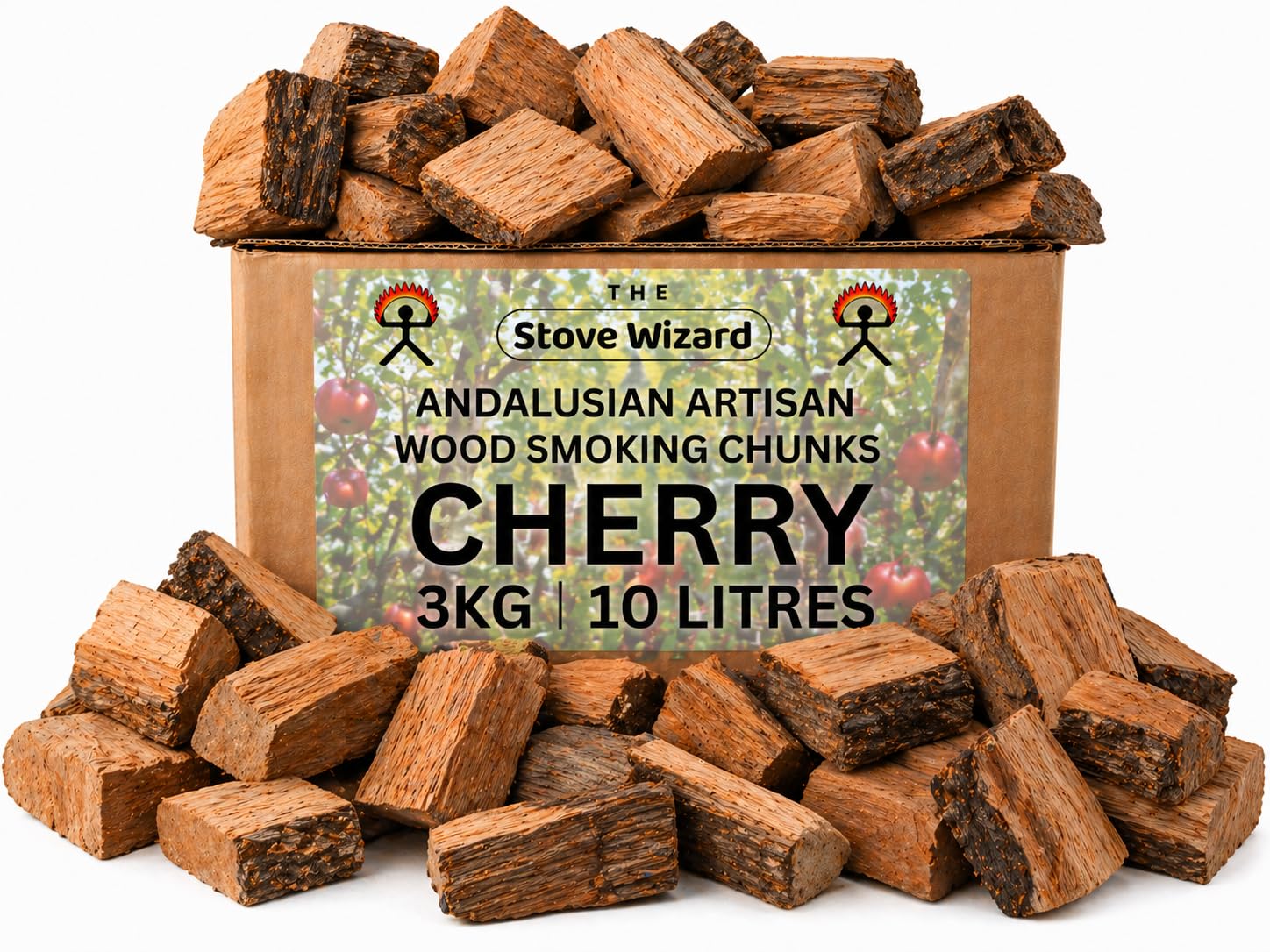 Cherry Wood BBQ Smoker Smoking Chunks 3kg 10 Litre Andalusian Artisan Premium Quality Natural Eco Friendly Wood Chunks for Gas & Charcoal Grill Outdoor Cooking for Authentic BBQ Flavour