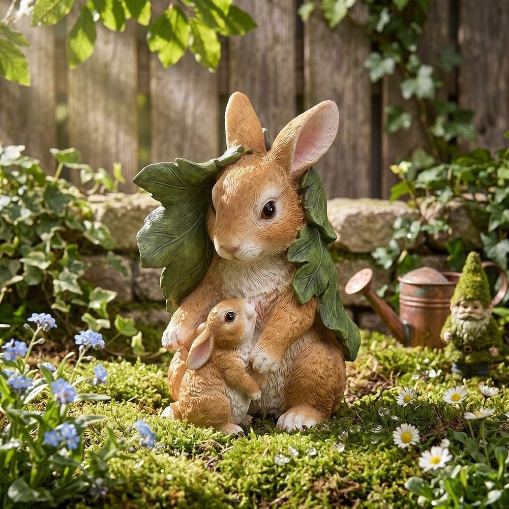 Statua per solare Coniglio Mamma e per piccolo Resina per giardino