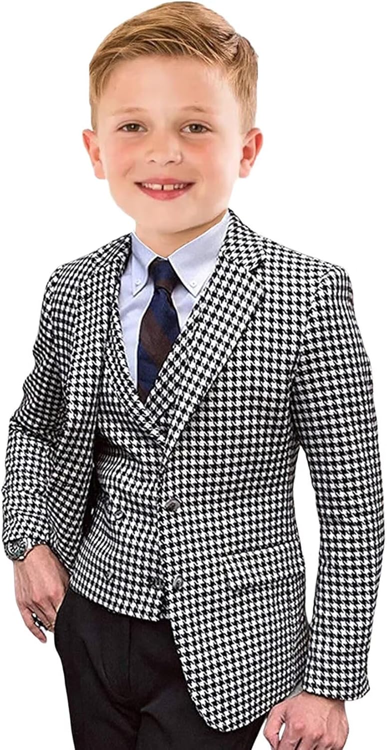 Boys Plaid Suit 3 Piece Houndstooth Tweed Toddler Suits for Wedding Party Kids Tuxedo Slim Fit Jacket Vest Pants