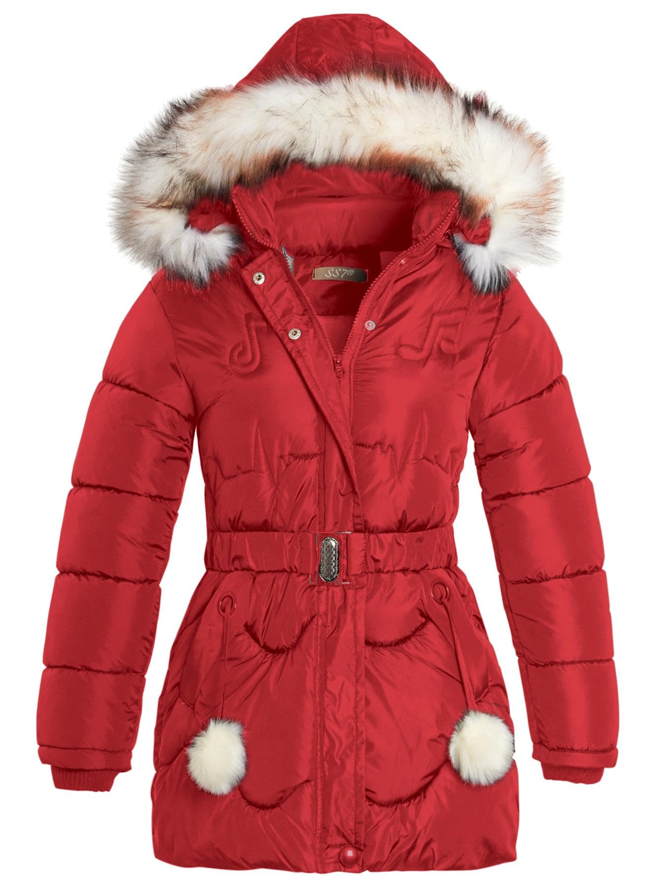 SS7 Girls Quilted TikTok Padded Parka Coat Faux Fur Red