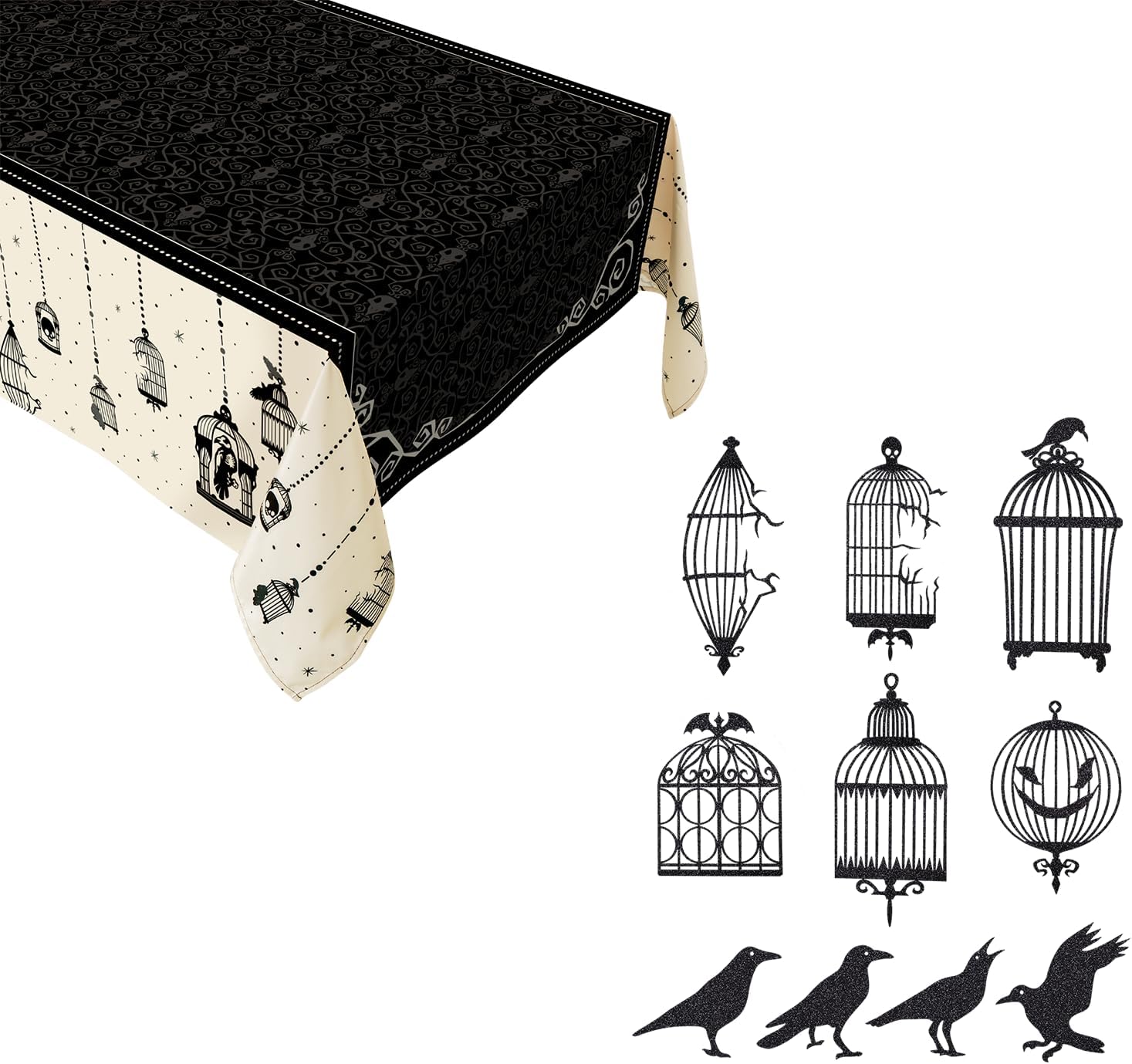 Cheerland Halloween Gothic Glitter Crow with Cage Garland and Tablecloth for Goth Spooky and Scary Horror Theme Birthday Party Decorations and Supplies