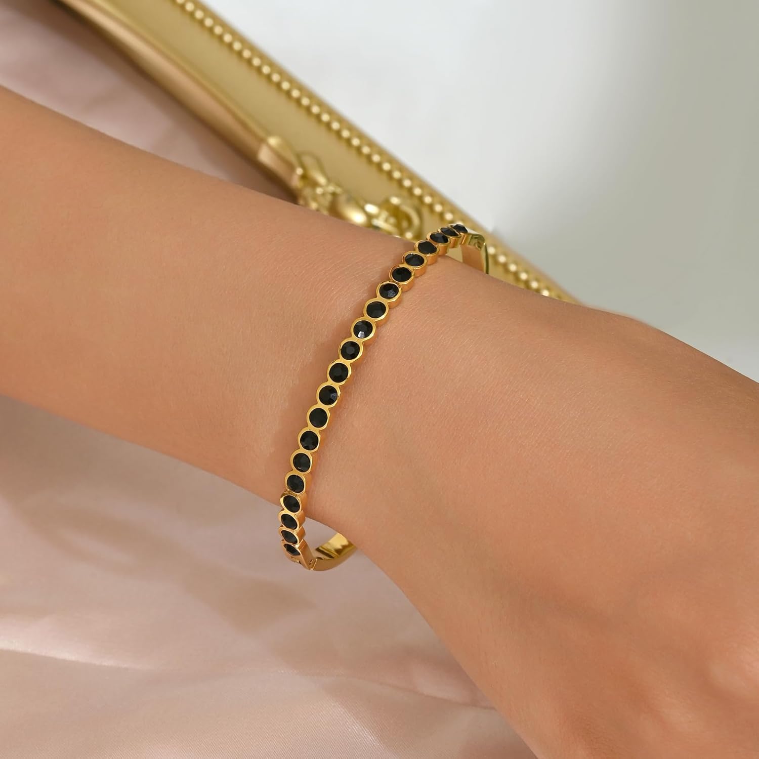 Gold Bangle Bracelets for Women 18K Gold Plated Stainless Steel Cubic Zirconia Bangle Classic Green Black Tennis Bracelet Jewelry - Image 3