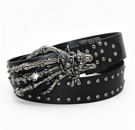Leather Goth Belt Skeleton Hand Goth Belt for Gothic Style Jeans