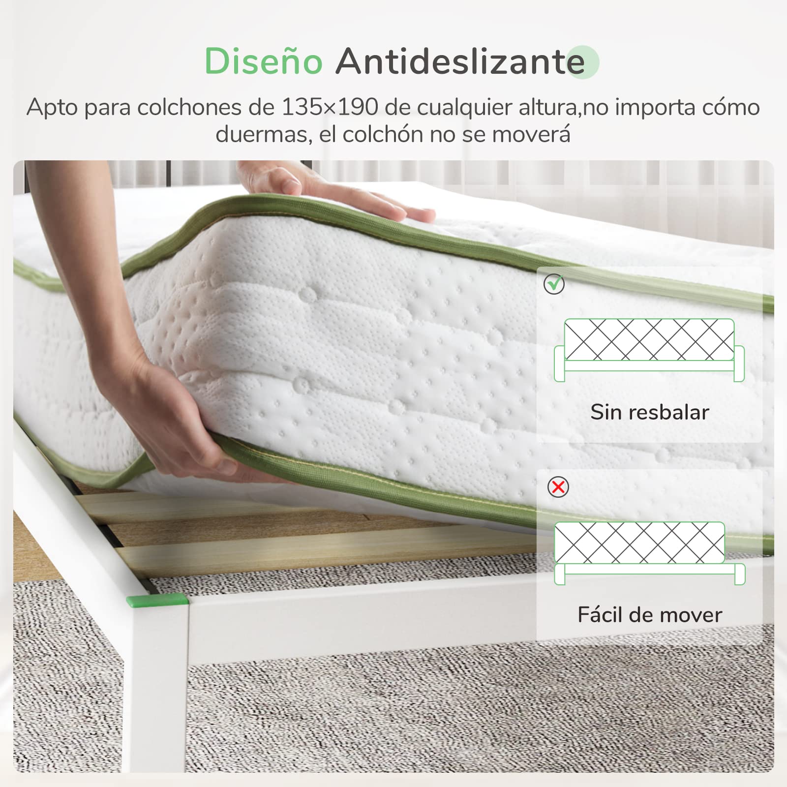 Novilla Somier 135x190 cm con 5 Patas Altas y cabecero, 30cm Altura, Eco Estructura metálica de Cama de Acero con láminas de chopo, Anti-Ruido y fácil de Montar (Avanzado, Blanco)