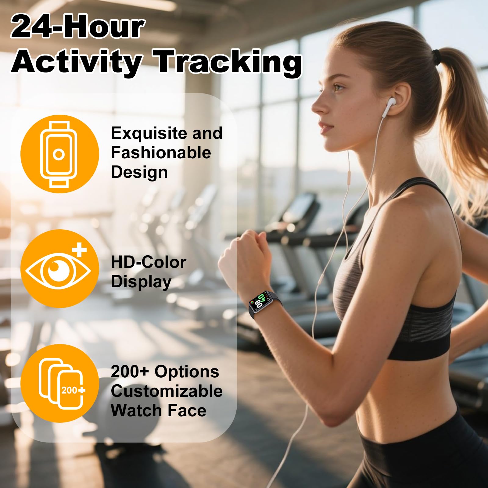 Monitor de actividad física con frecuencia cardíaca 24/7, 104 modos deportivos, monitor de sueño, presión arterial de oxígeno en sangre, IP68, resistente al agua, contador de calorías, podómetro