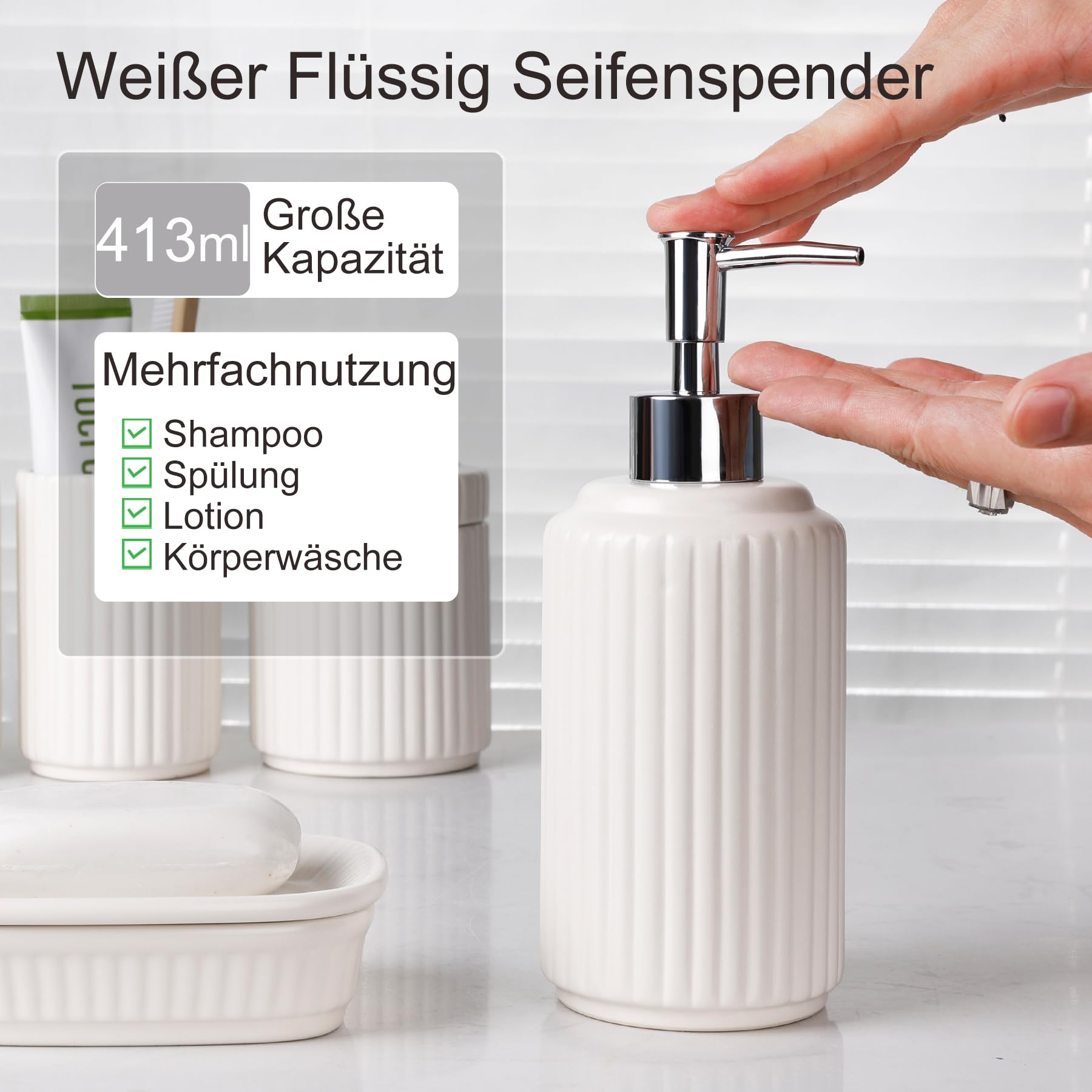 NOVAJOY Set da bagno in ceramica – 5 pezzi, organizer da bagno con dispenser di sapone, portasapone, porta spazzolino, contenitore di cotone, set di decorazione da bagno di alta qualità (beige bianco)