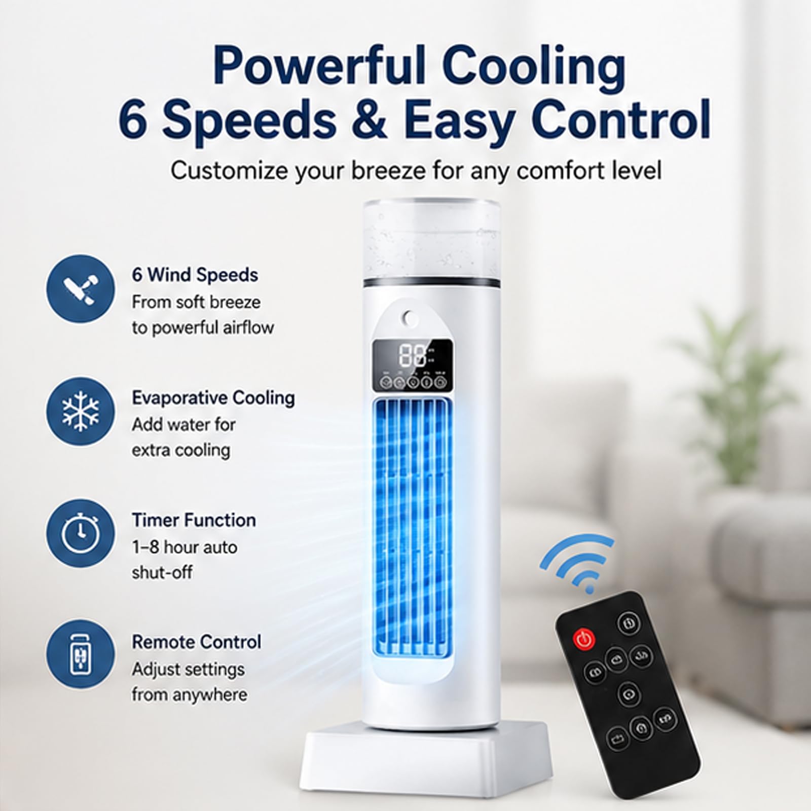 Ventilatore per condizionatore d'aria senza fili, ventola di raffreddamento ad aria a torre con 6 velocità e telecomando per camera da letto, soggiorno, ufficio camper blue