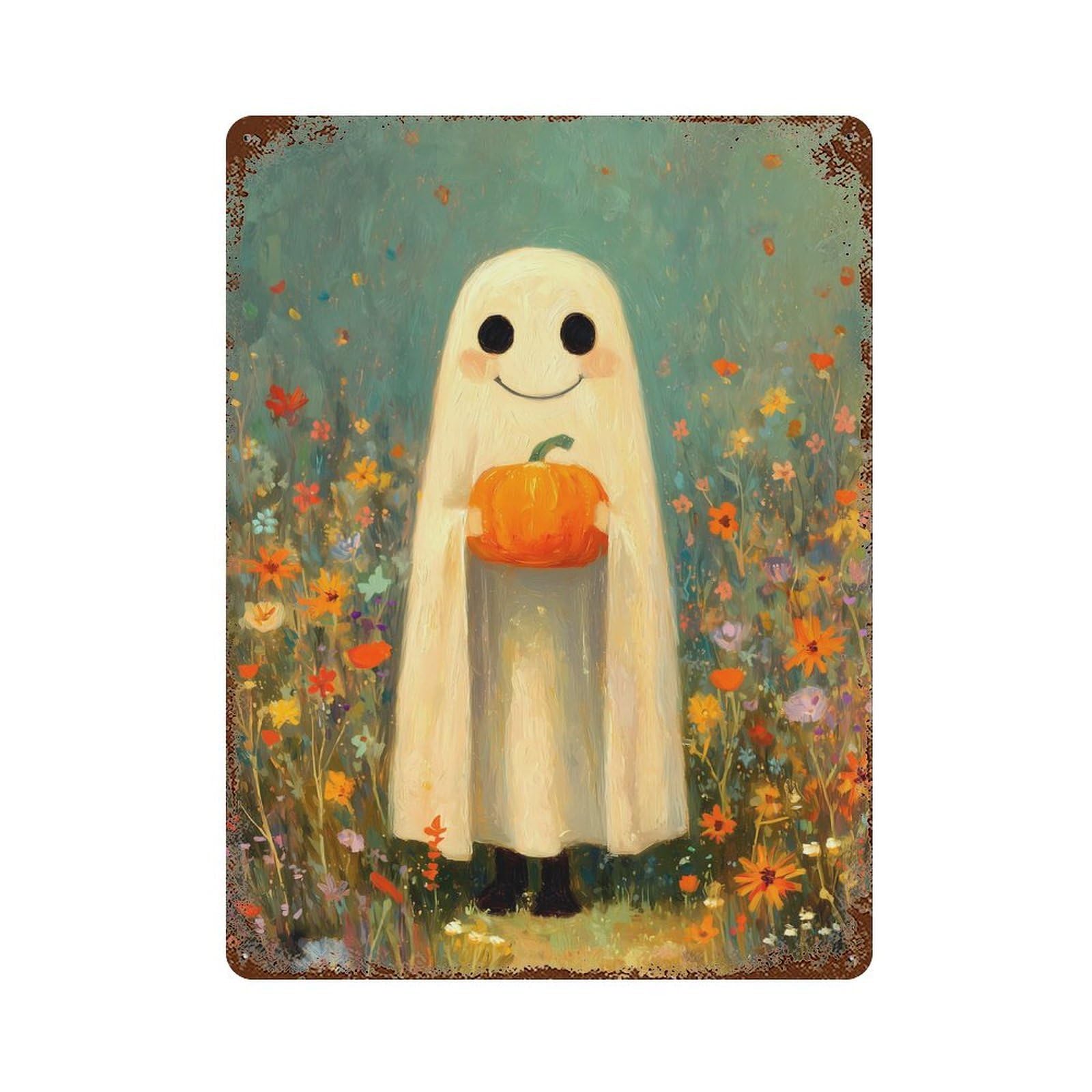 Cute Ghost with Pumpkin in Flower Field Decorative Tin Sign 15.7"x11.8", Retro Wall Decor for Living Room, Hallway And Home Decor