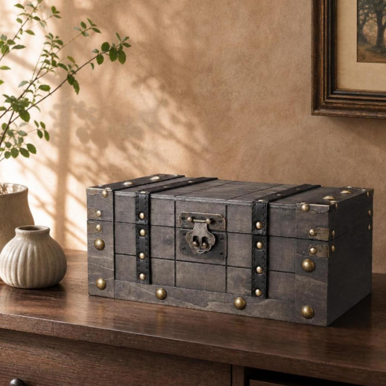 Arcón Gris Desgastado Gran Capacidad Baúl Almacenamiento Resistente Mueble Decorativo para Exhibición Decorativa, Pequeño, style to 1