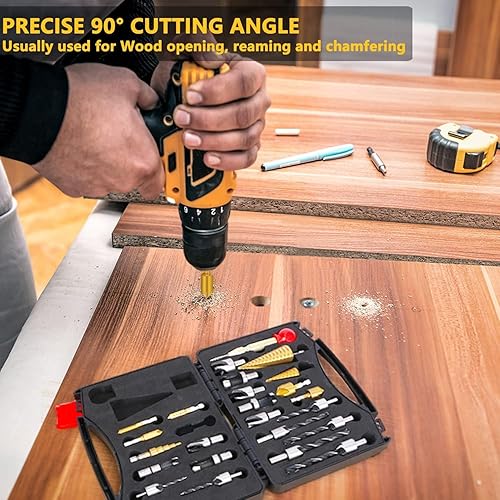 Miniatura 8 de LAMPTOP Paquete de 26 herramientas y accesorios para carpintería, incluyendo brocas avellanadoras, broca avellanadora de 3 puntas con llave en L,