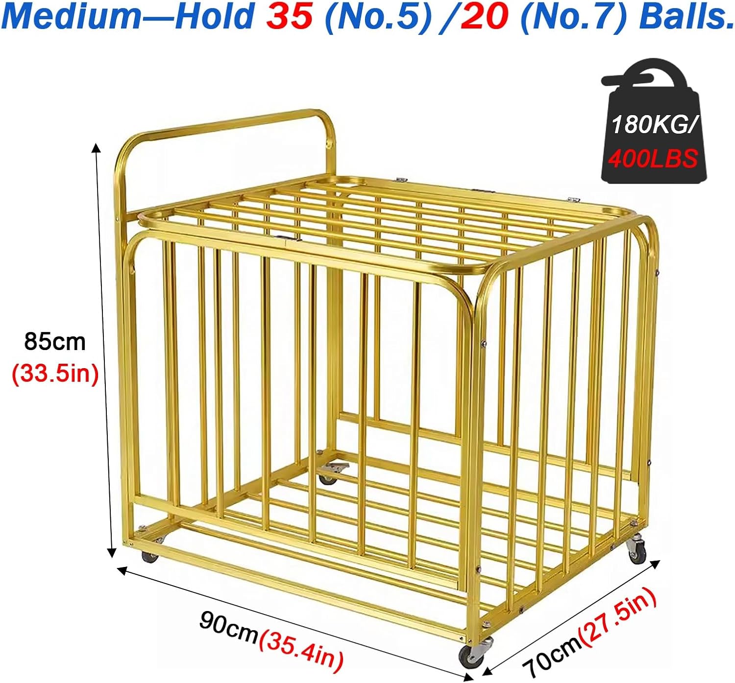 Commercial Rolling Ball Storage Cage - Gold Aluminum Basketball & Soccer Cart with Curved Handle, Indoor Sports Ball Organizer, Gymnasium Equipment, Medium Size