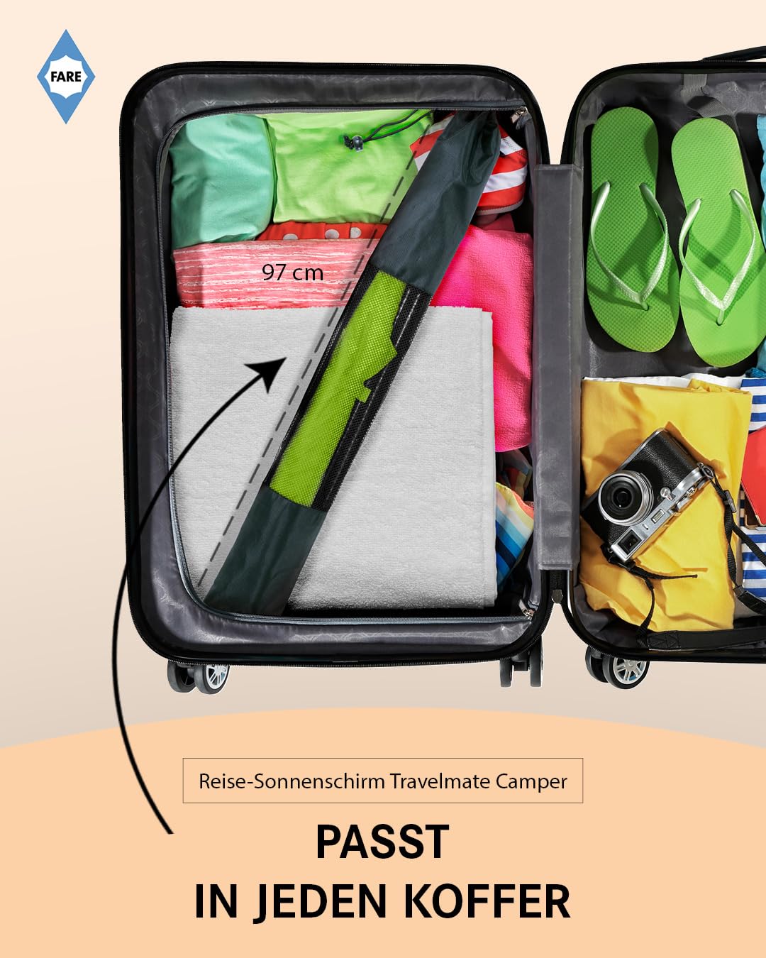 FARE Parasol podróżny Travelmate Camper – lekki i kompaktowy, ochrona przed promieniowaniem UV UPF50+, idealny w podróży, na plażę, na kemping – może być używany jako parasol
