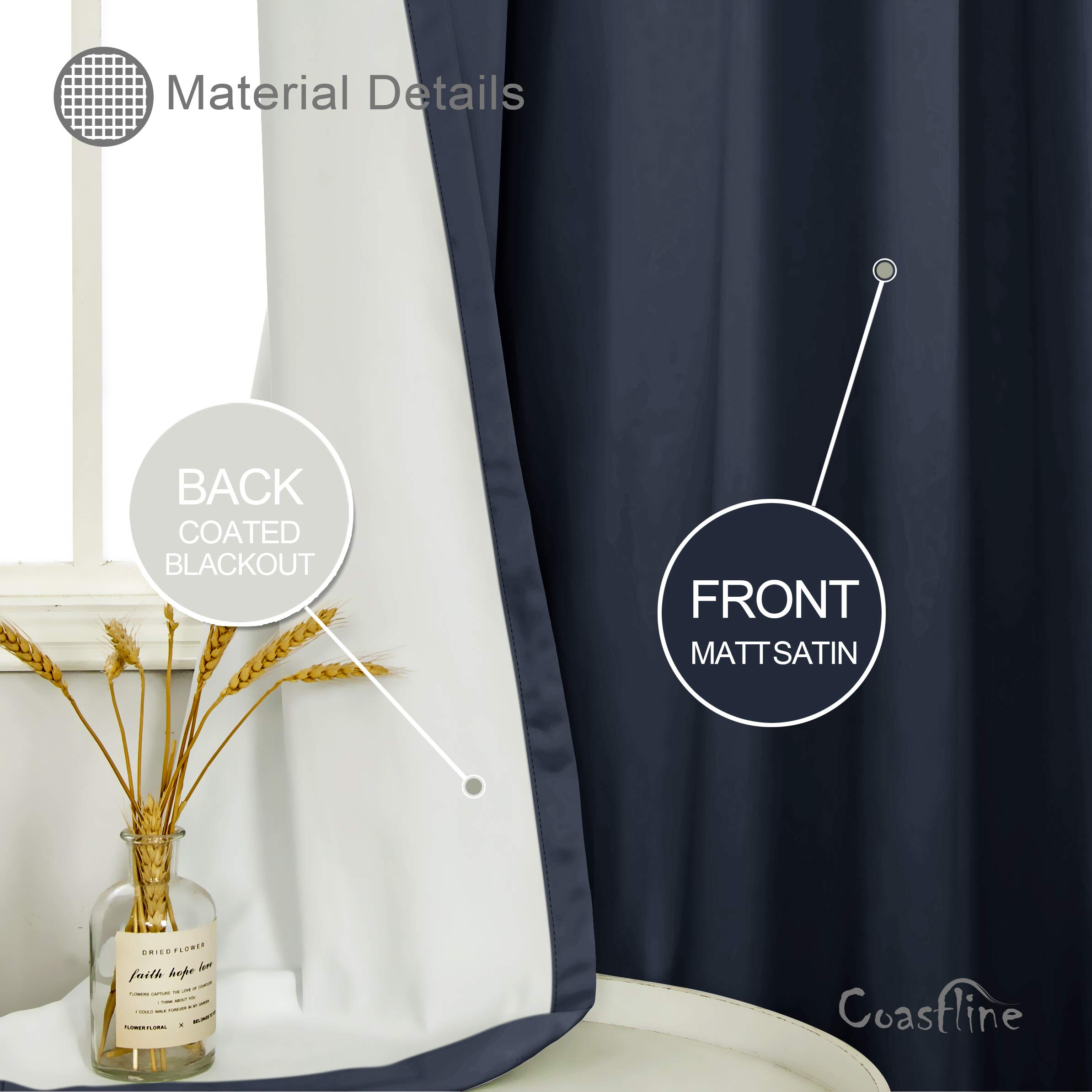 COASTLINE Ultra Soft Satin Navy Blue 100% Blackout Eyelet Curtain Window Treatment Drapes 2 panels for Bedroom, Livingroom, Kids Nursery Room W66 x L54 inch — view 4