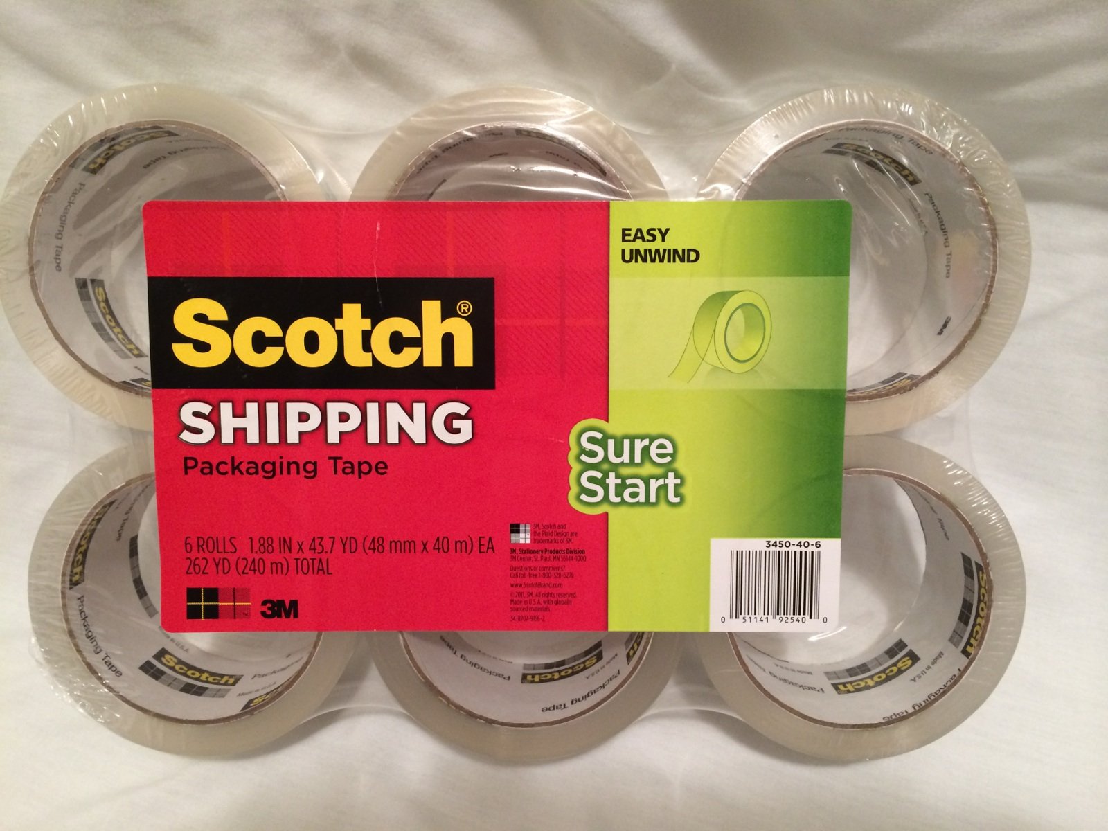 Scotch seguro de inicio envío embalaje cinta, 1,88 pulgadas x 54,6 yardas, color transparente 6 Rolls