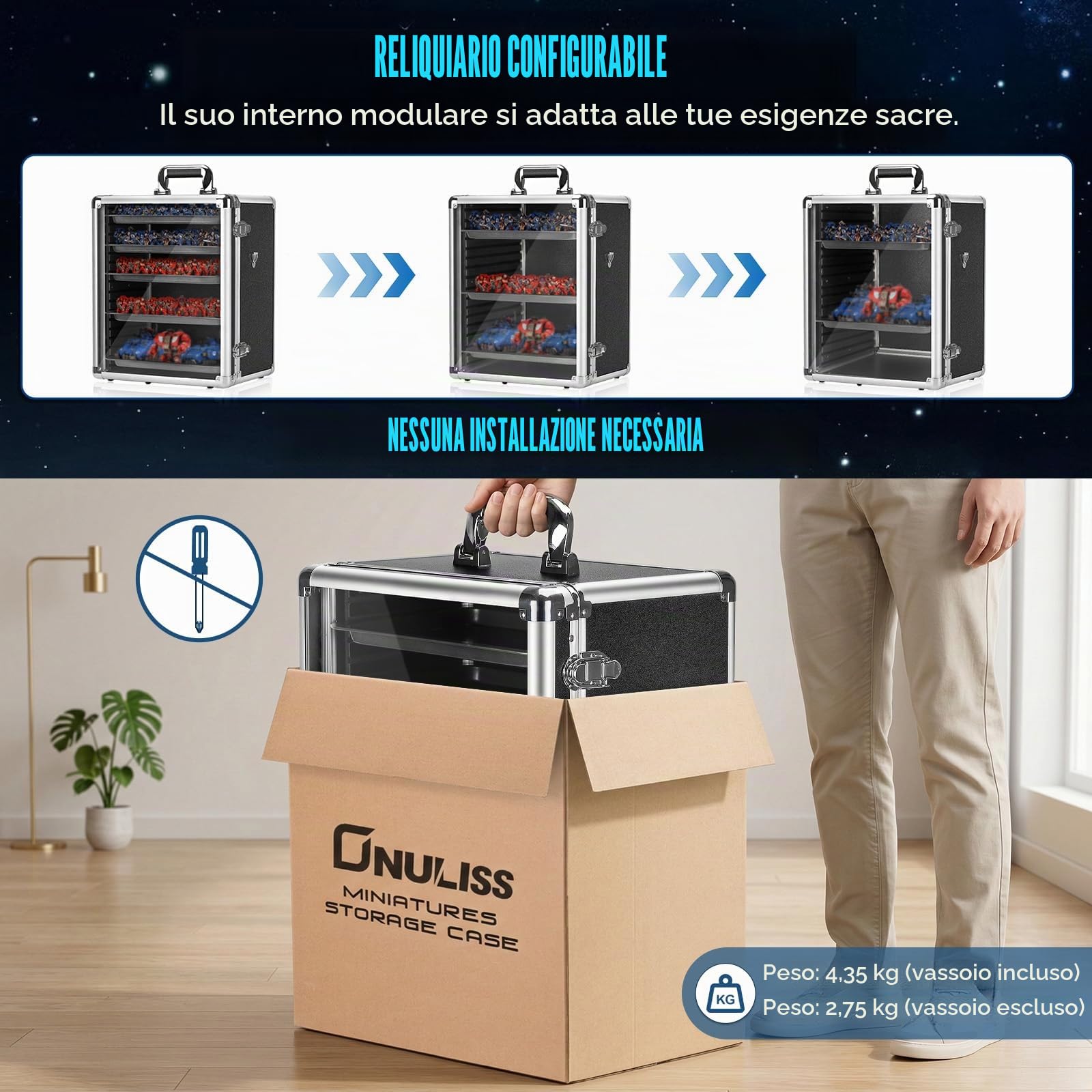 ONUEMP Valigetta per Miniature da Tavolo con Supporto per il Trasporto in Lega di Alluminio con Tracolla, 6 Scompartimenti, Argento
