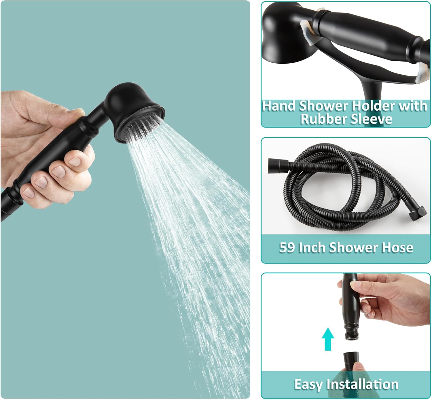SKOWLL Clawfoot Tub Faucet, Wall Mount Bathtub Faucet with Sprayer Bathroom 3 Handle Shower Faucet Set, Matte Black Garden Tub Faucet Set Include Hand Held Shower