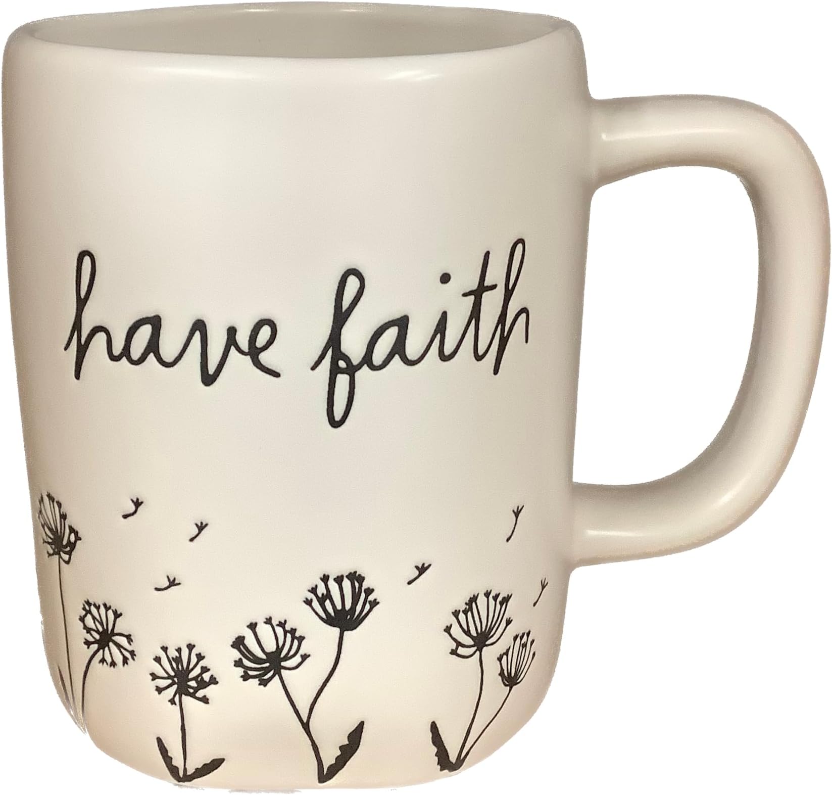 Rae Dunn Have Faith コーヒーマグ ホワイトセラミック ブラックタンポポ フローラルデザイン