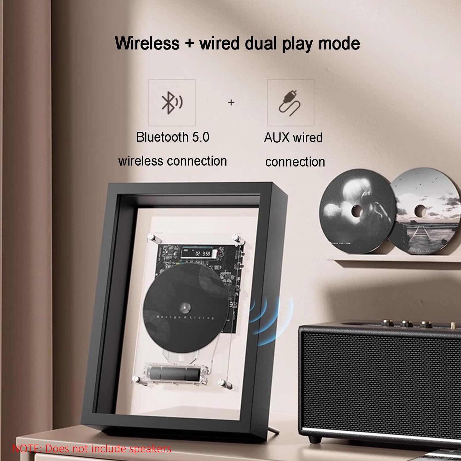Lettore CD montabile a parete, lettore CD con cornice musicale intelligente con telecomando, durata della batteria 6-8 ore, uscita Bluetooth 5.0/AUX da 3,5 mm, schermo digitale LED, per galleria di