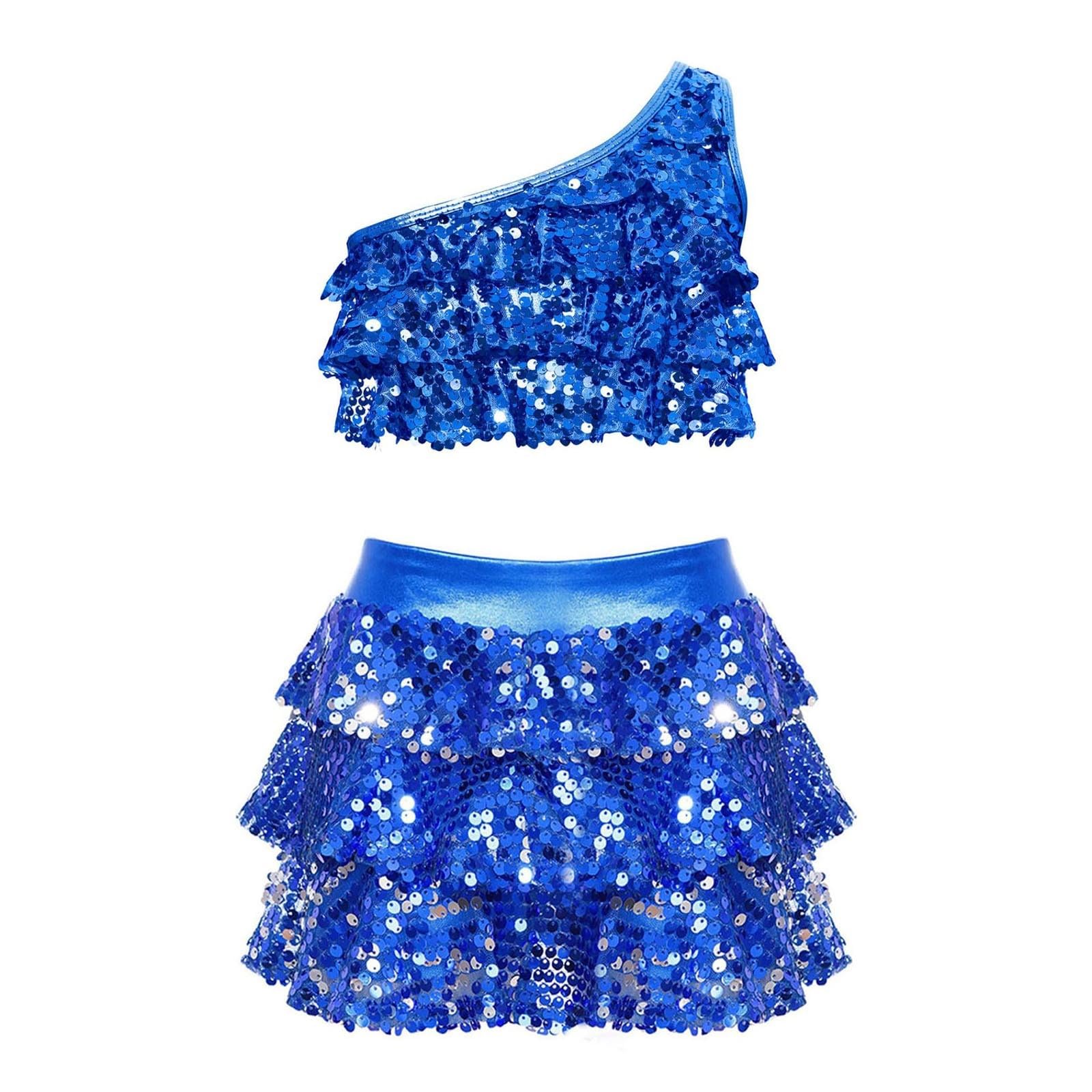 Conjunto de con Lentejuelas para niñas de Dos Piezas cómodo y elástico Falda y Top para actuaciones y Celebraciones de Baile