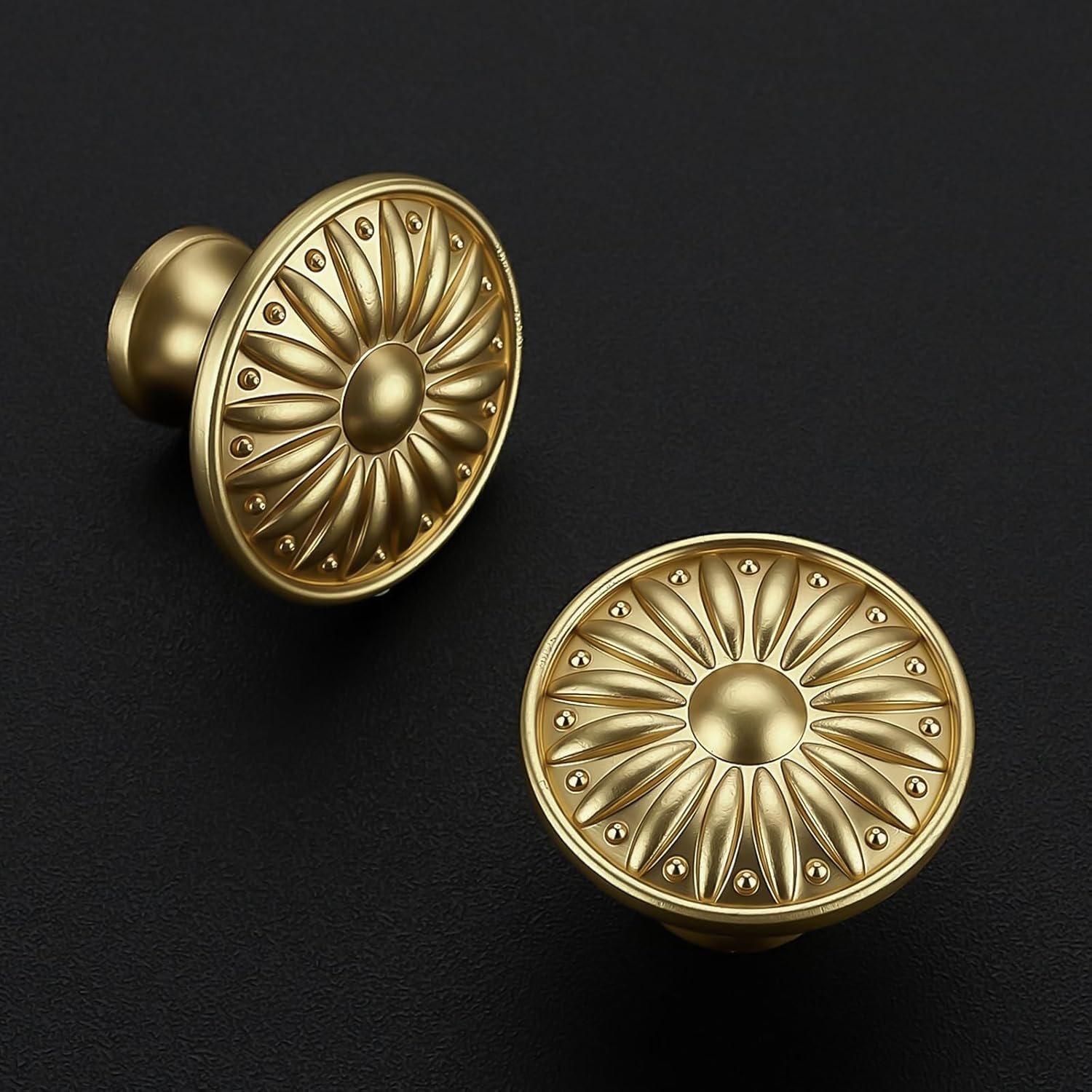 JOY DECOR 30 Pack Kitchen Cabinet Knobs Brushed Brass, 1-1/4 Inch Diameter, Solid Metal Kitchen Cabinet Pulls Vintage Rosette Sunburst Drawer Knobs, Drawer Pulls for Bathroom vanities and Dresser