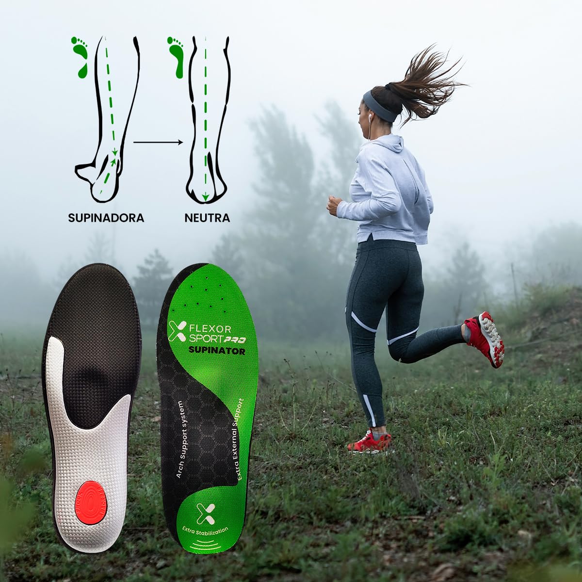 Flexor Plantillas Pro Trail Running Pie Supinador Talla 46 Verde Soporte Arco Plantar Tecnología Gel Absorción Impacto