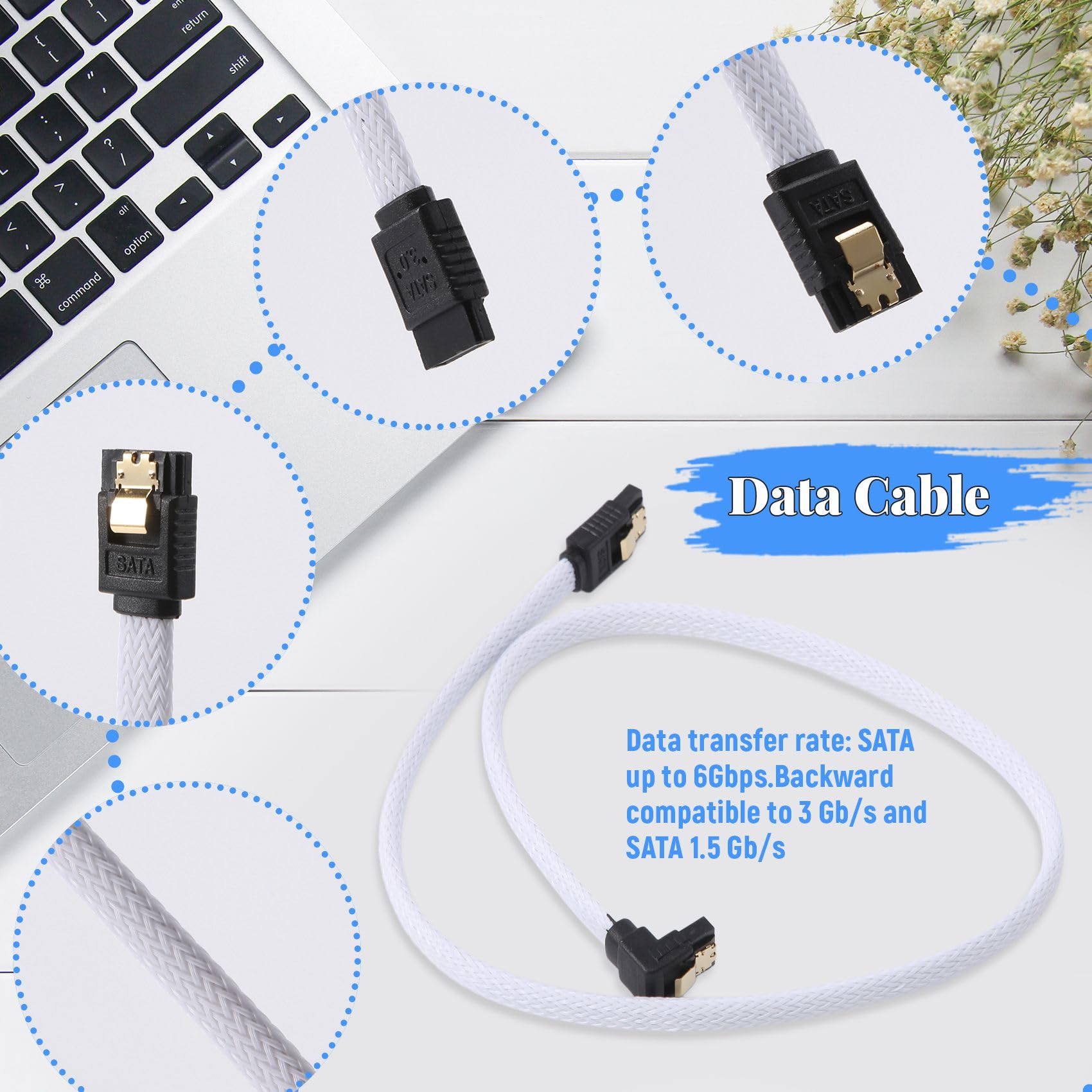 Kqcibz 50CM SATA 3.0 III SATA3 7pin Data Cable Right Angle 6Gb/s SSD Cables HDD Hard Disk Data Cord with Nylon Sleeved(White), 170046A3