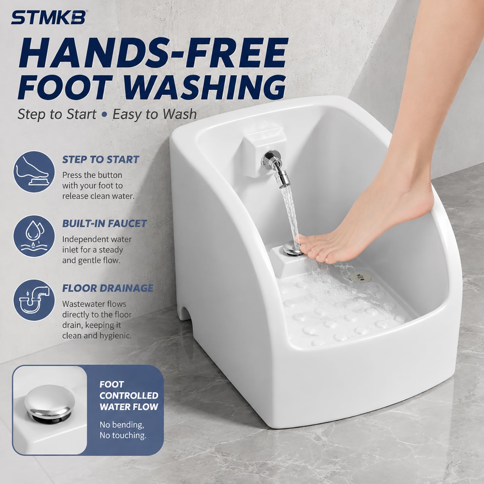 Lavabo in Ceramica per Pediluvio, Rubinetto A Pedale, Montaggio A Pavimento con Scarico