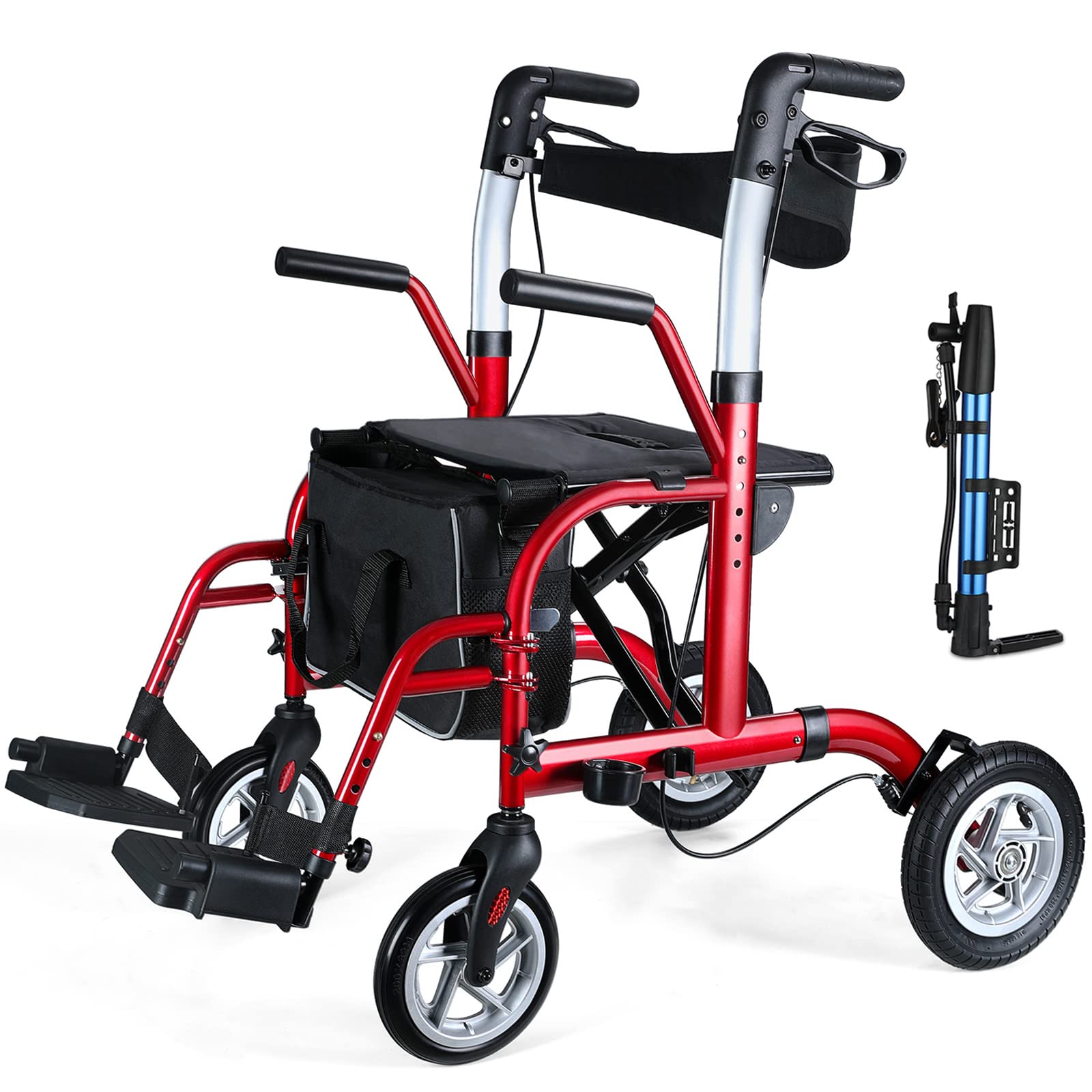Healconnex 2 in 1 Rollator Walker for Seniors-Medical Walker with Seat,Folding Transport Wheelchair Rollator with 10" Big Pneumatic Rear Wheels,Reversible Soft Backrest and Detachable Footrests