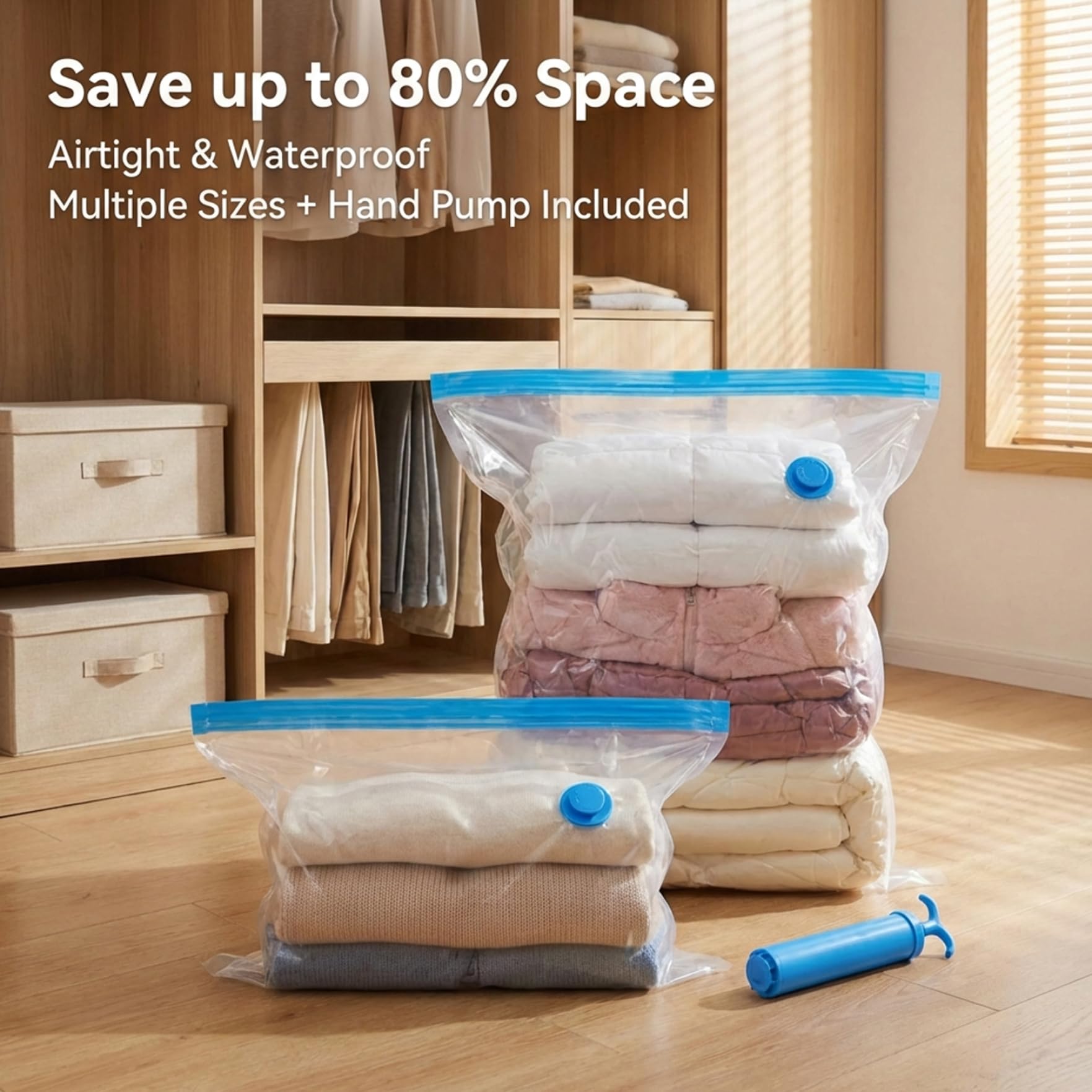 Platzsparende Beutel im 12er-Pack, Kompressionsbeutel mit manueller Pumpe, 4 M/L/XL-Vakuumaufbewahrung für saisonale Kleidung, Decken und Reiseverpackungen.