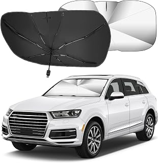 Qoosea Car Windshield Sun Shade Umbrella 55x31 inch Foldable 5 Layers UV Block Coating Windshield Sunshade with Car Rearview Mirror Fixing Cut-Out UV Block & Heat Insulation Protection