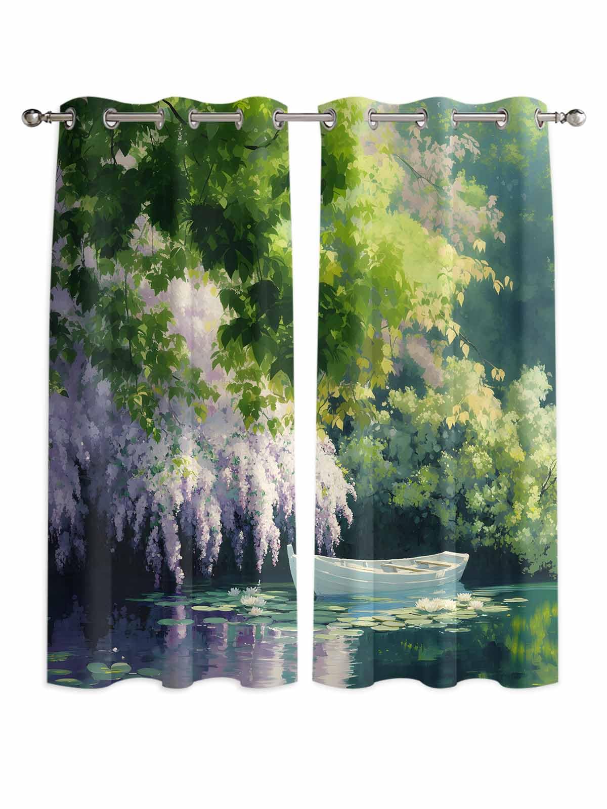 Forest Green Window Curtains Panels with Silver Grommet,Pink Flowers Lake Boat Oil Painting Summer Kitchen Cafe Curtain Draperies Window Treatment Set for Living Room/Bedroom/Bathroom/Cafe,84x84