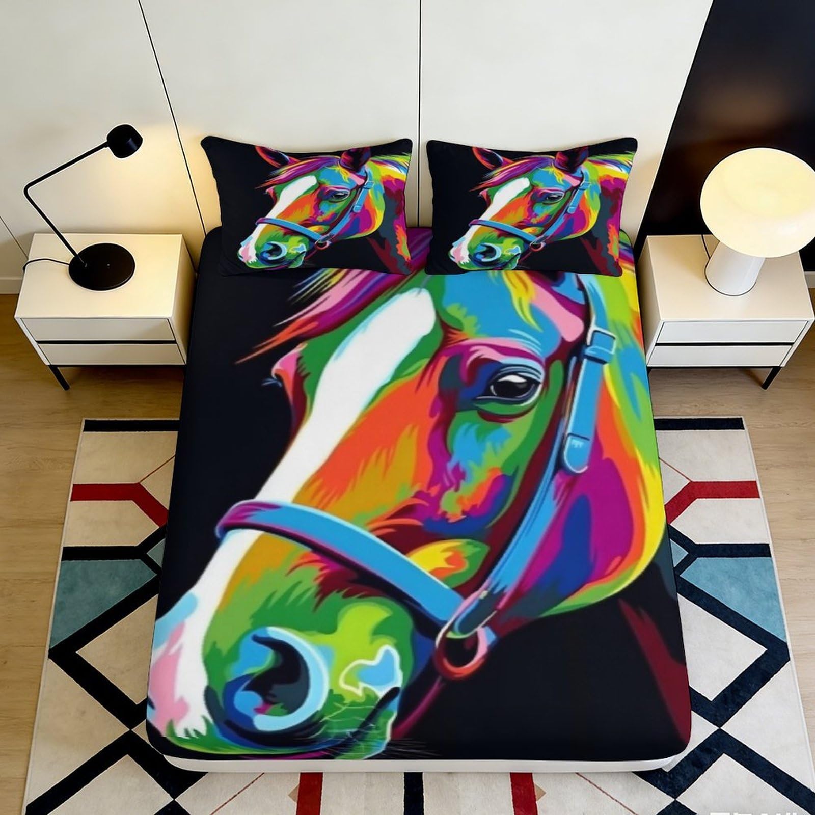 Jqzkxnhpbr Style-7 3D Printed Colorful Horse Art Fitted Sheet Microfiber Soft Anti-Slip Bed Sheet Rainbow Animal Mattress Cover For Bedroom Decor 90X200x25cm
