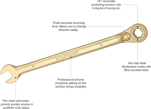 Miniatura 2 de STARWORK Llave combinada de trinquete métrica de 6 puntos GPlating reversible y antideslizante con patrón largo, 0.315 in
