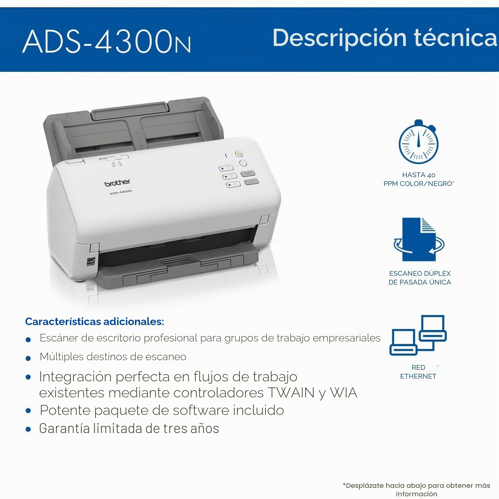 Brother ADS-4300N - Escáner Profesional de Escritorio con velocidades de escaneo rápidas, dúplex y Red, Color Blanco