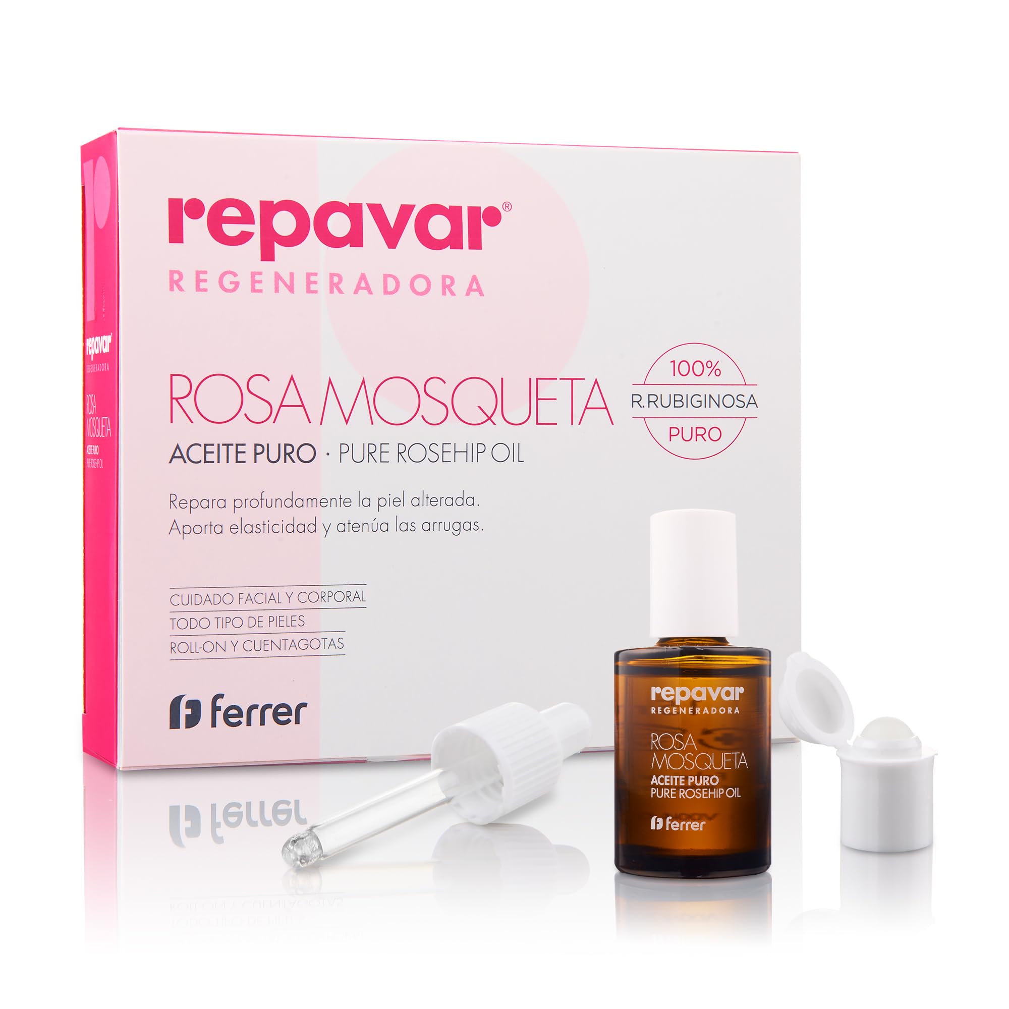 Repavar - Aceite 100% Puro Rosa Mosqueta Primera Presión en Frío, Alta capacidad Regeneradora para Cicatrices - Incluye Aplicador Roll On y Cuenta Gotas - 15 ml