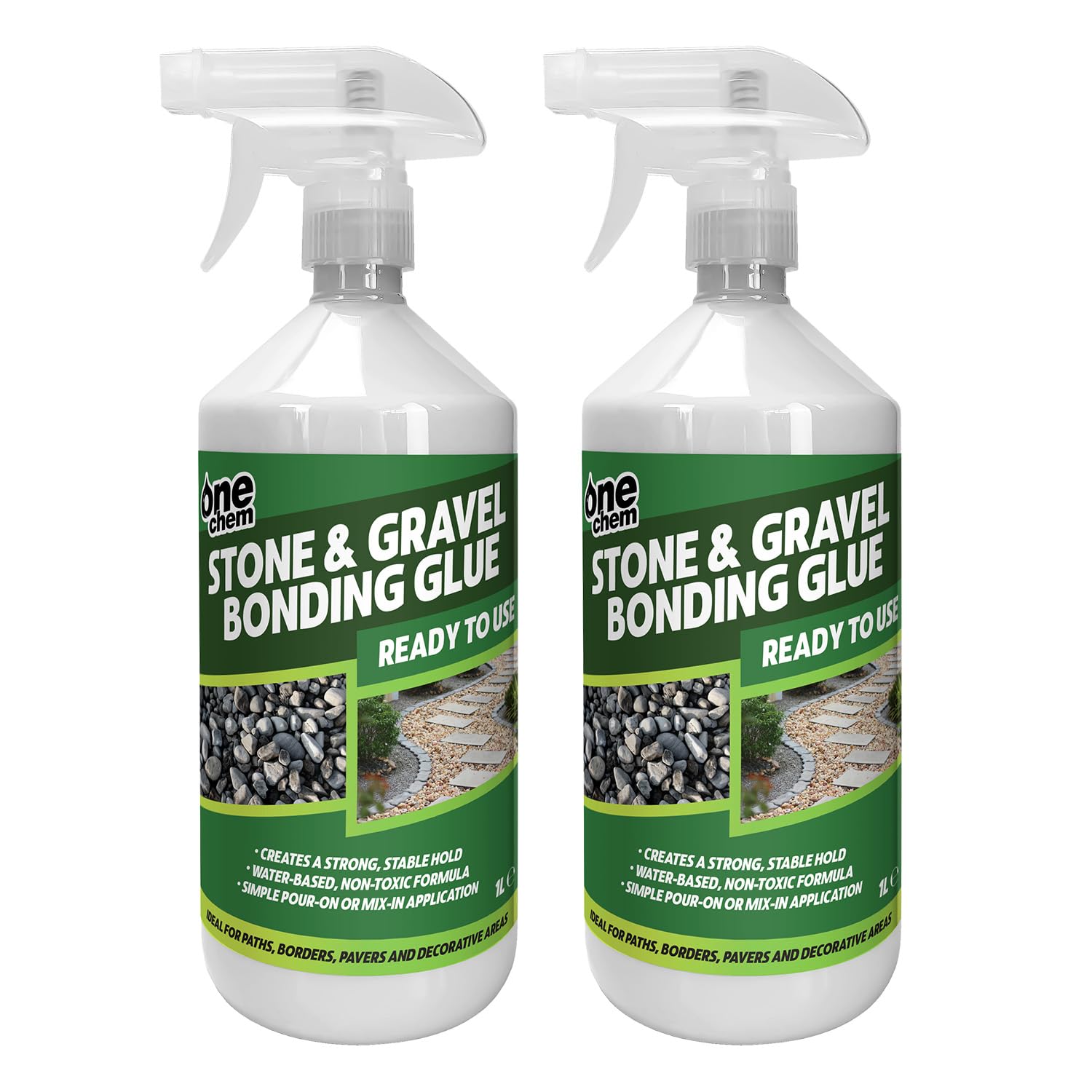 One Chem Stone and Gravel Bonding Glue, 2 x 1 Litre, Water-Based Non-Toxic Formula, Ready to Use, for Paths, Patios and Decorative Areas