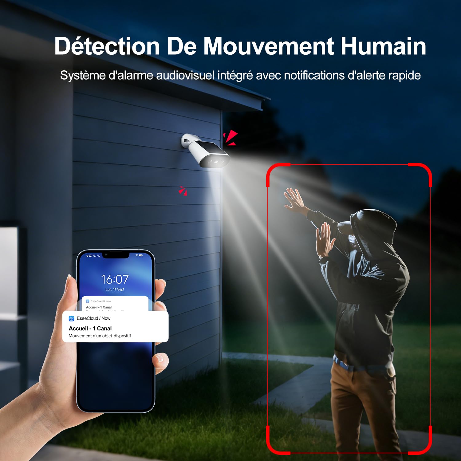 2K Camera Surveillance WiFi Exterieure sans Fil Solaire, 166° PIR