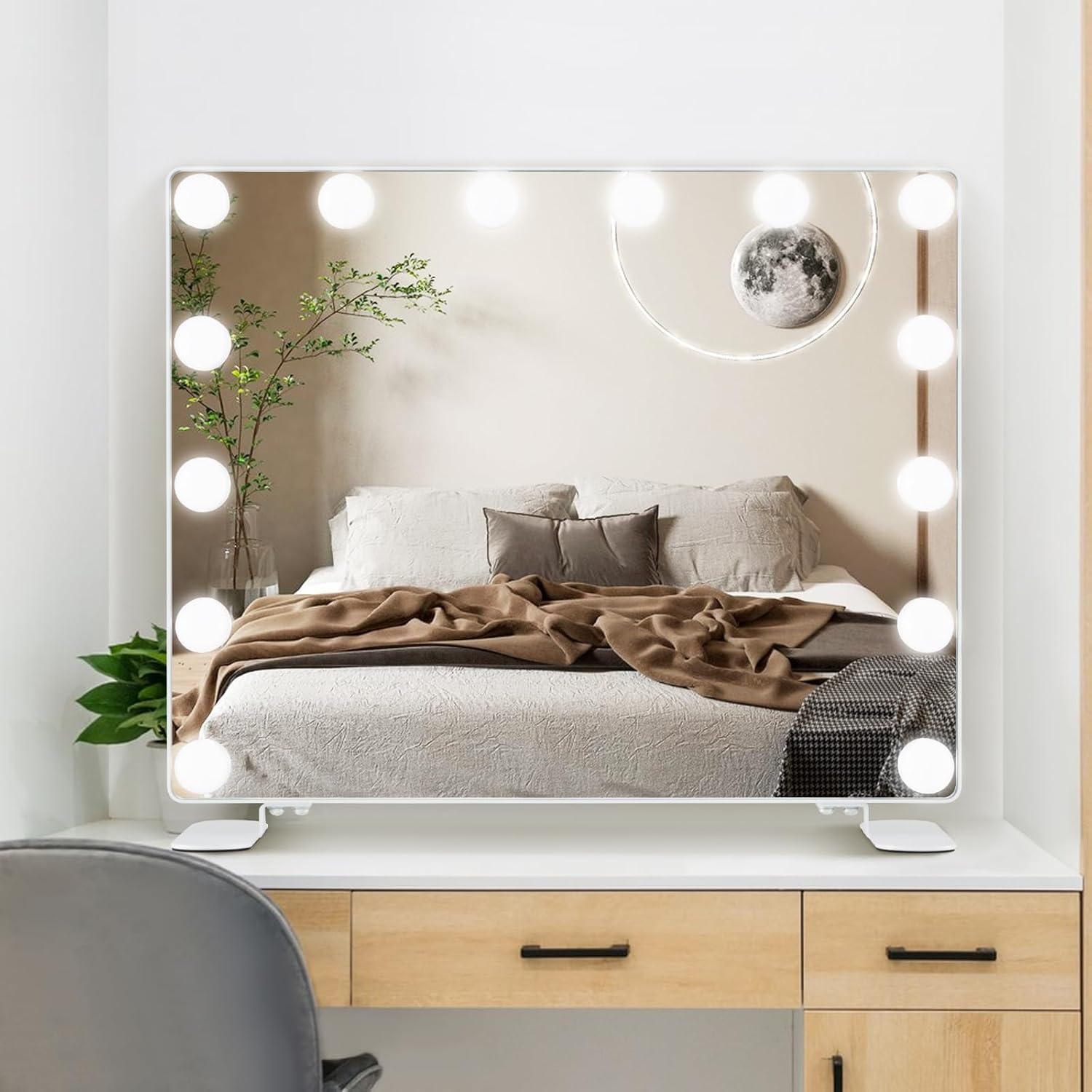 FANTASK 2-in-1 Hollywood-Spiegel mit 14 dimmbaren LED-Lichtern, Schminkspiegel, Kosmetikspiegel mit Smart-Touch-Steuerung, Tischspiegel mit Metallständer