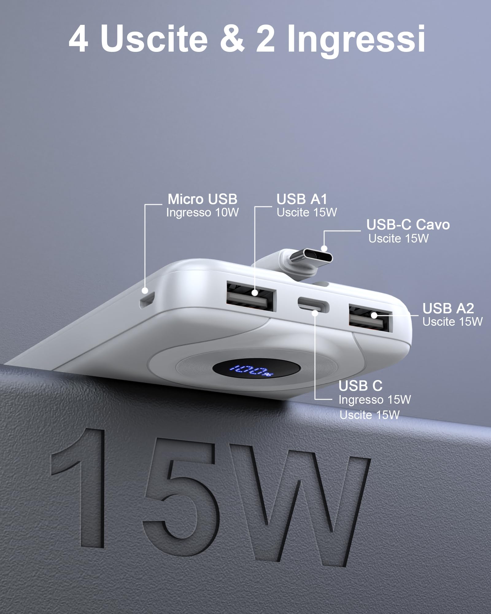 Power Bank 10000mAh, Sottile Powerbank 5V/3A Ricarica Rapida USB C Ingressi e Uscite, Potente Caricatore Portatile con Cavi Integrati, Caricabatterie Portatile per iPhone Samsung Cellulare Tablets ecc