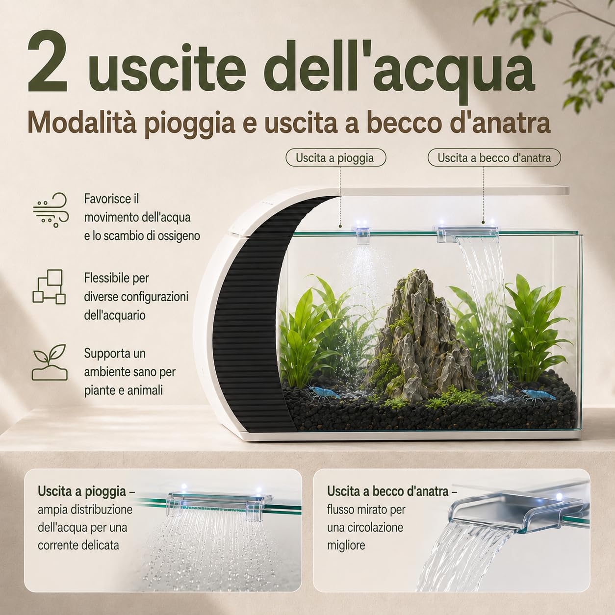 Acquario con illuminazione a LED e pompa d'acqua, capacità per pesci ornamentali, granchi, piante, ideale per soggiorno, camera da letto, ufficio, decorazione