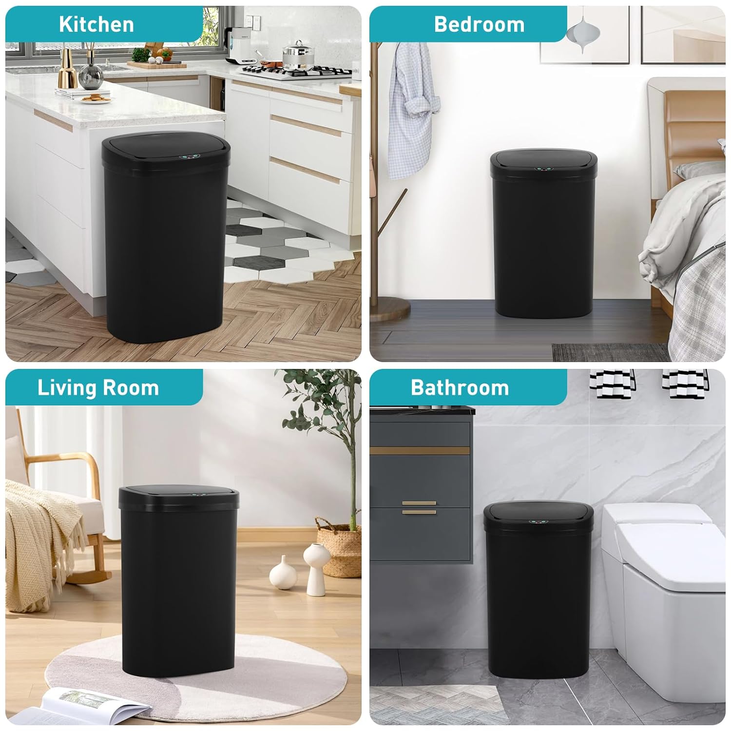 Bigacc 13 Gallon Automatic Kitchen Trash Can with Lid, Touchless Motion Sensor Garbage Can - Hygienic, Odor Control, Waterproof Waste Bin for Kitchen Bathroom Bedroom Office (50L), PP Plastic, Black