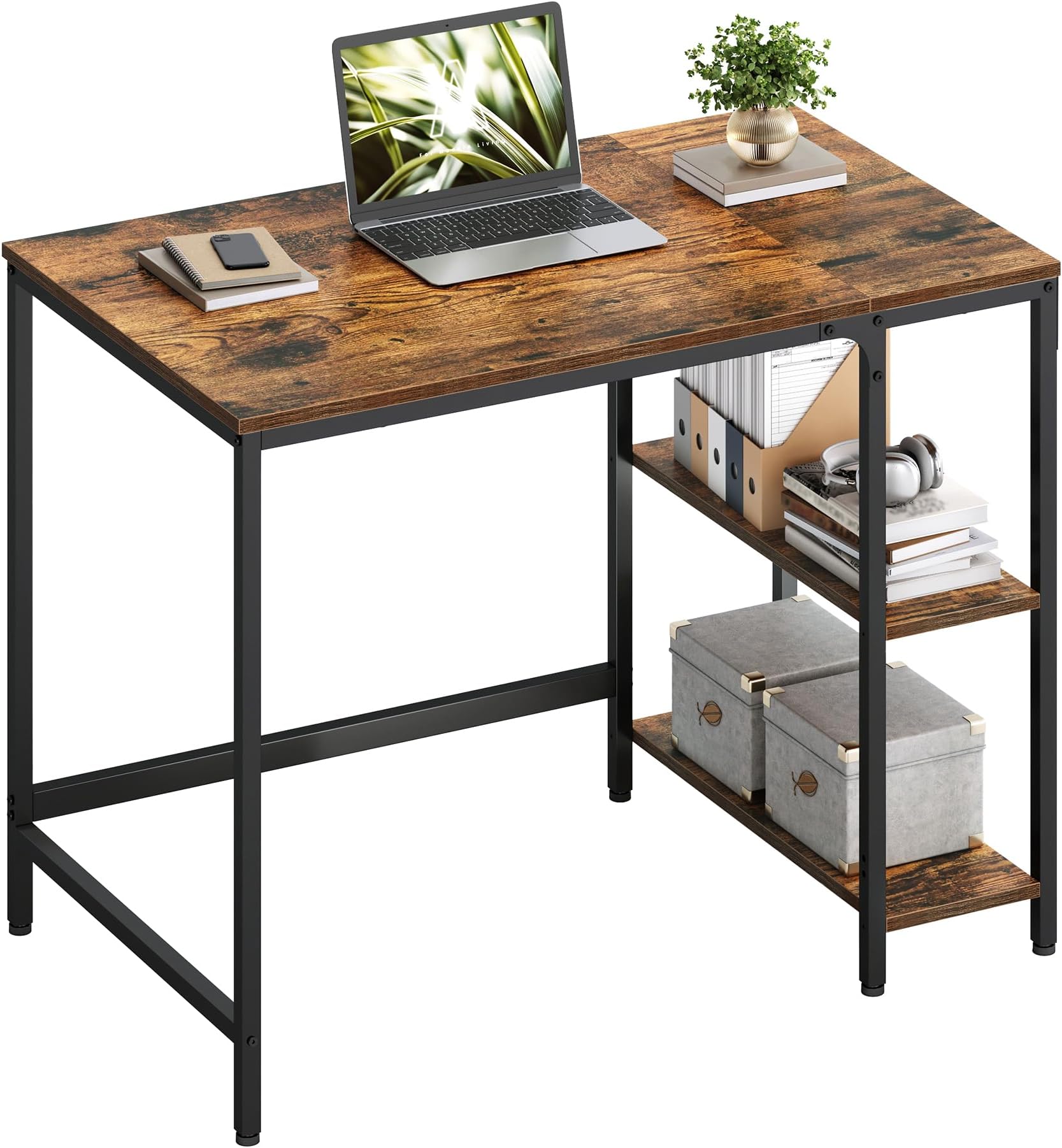 VASAGLE Computer Desk, Office Desk, 100 x 50 x 76 cm, Industrial Style, for Study, Bedroom, Living Room, Rustic Brown and Ink Black LWD046B01