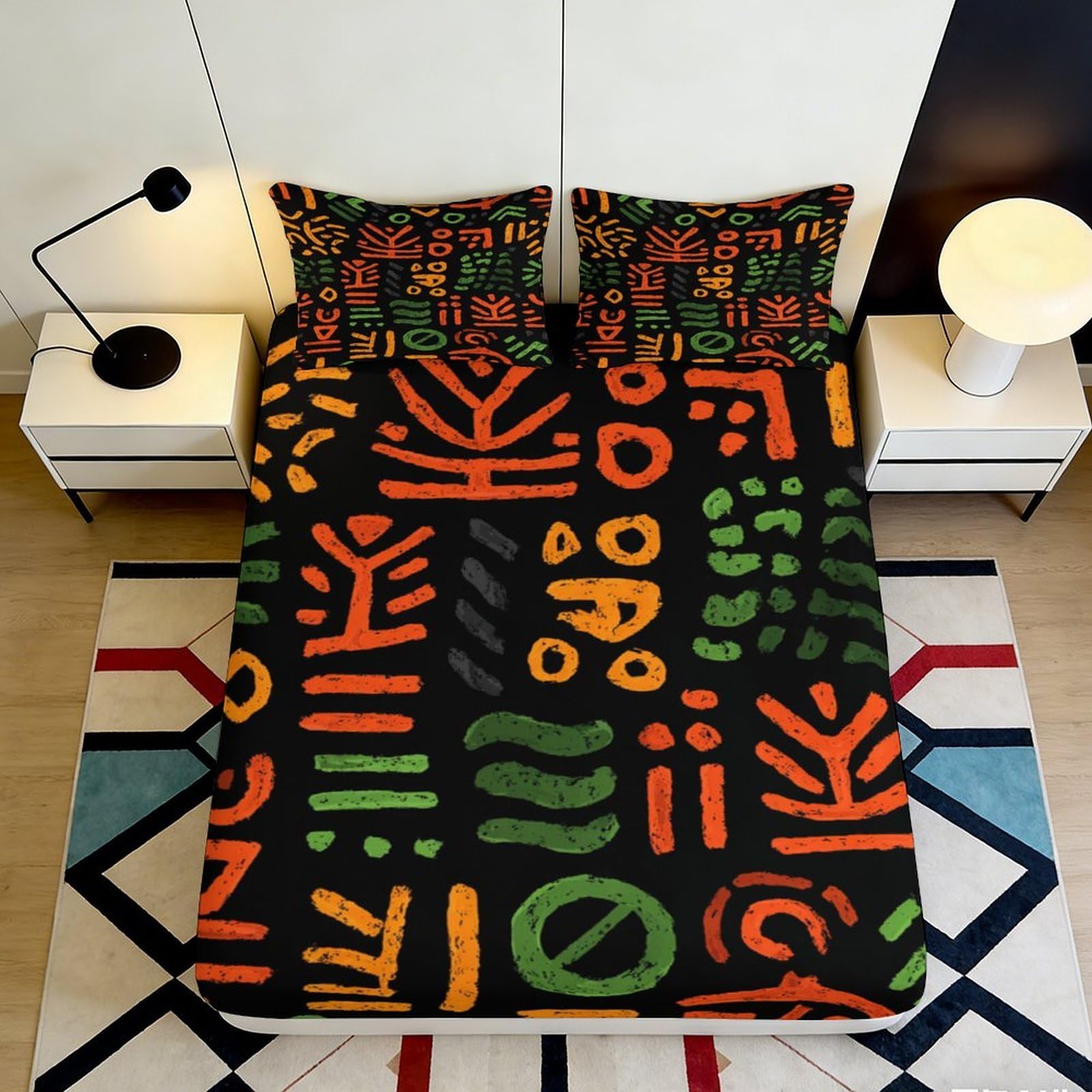 3D Printed Tribal Abstract Fitted Sheet Microfiber Soft Breathable Geometric Symbols Bed Cover for Bedroom Dorm Decor 120x200x25cm