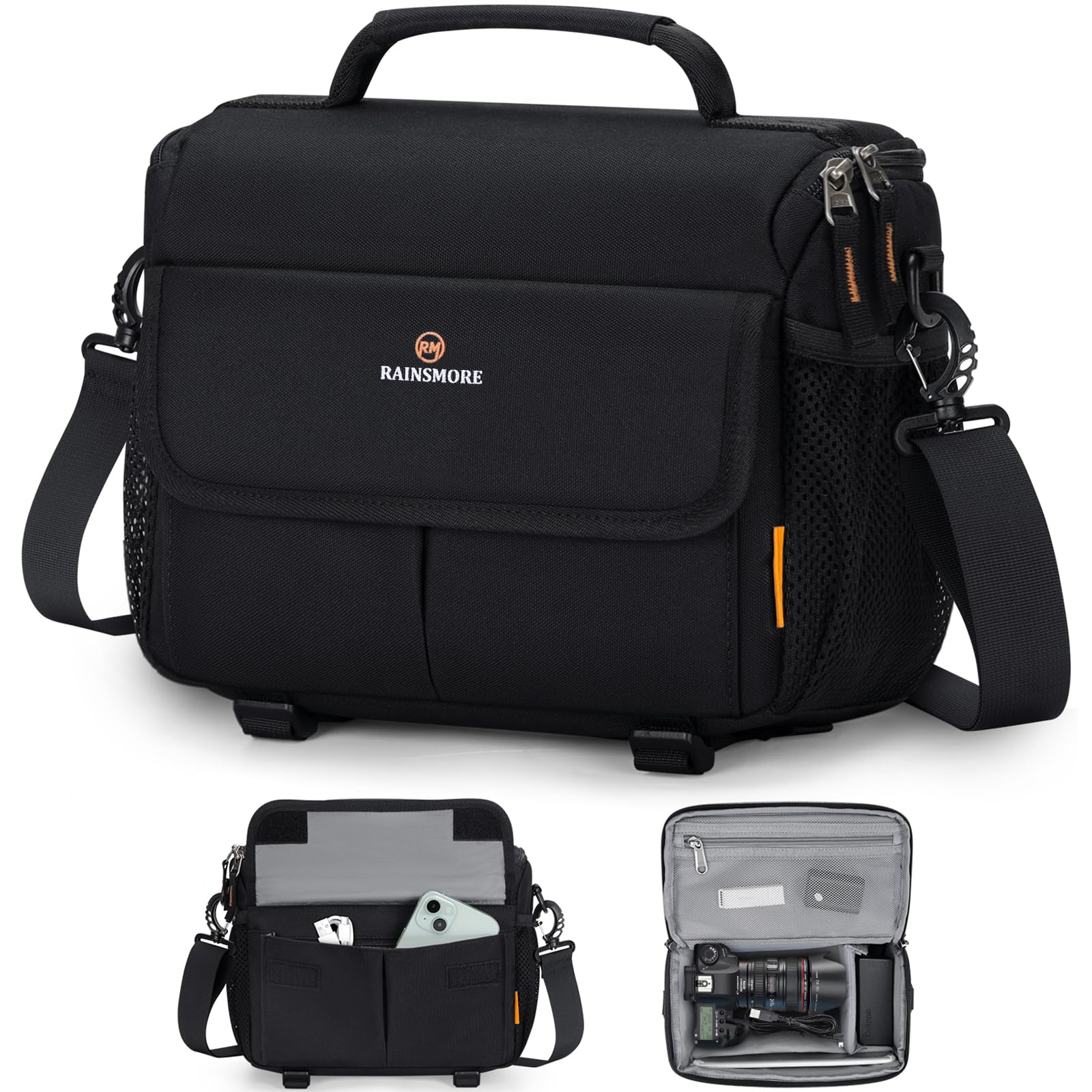 RAINSMORE Borsa Fotografica Tracolla Borsa Macchina Fotografica per Fotocamera Reflex DSLR/SLR Idrorepellente Antishock e Imbottita Nero