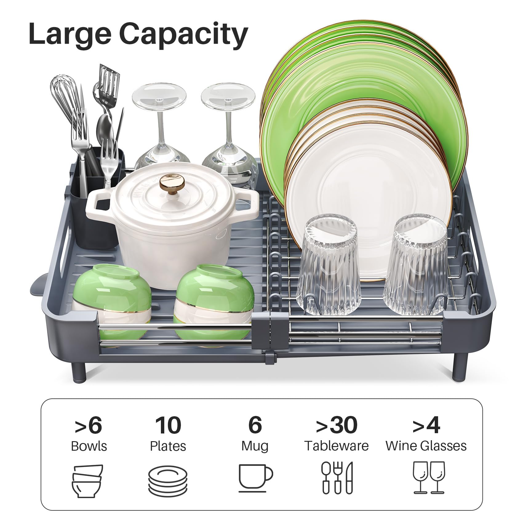 SAYZH Escurreplatos, Escurridor De Platos Extensible(33.5 CM-50 CM) De Gran Capacidad con Soporte Cubiertos Extraíble y Caño De Drenaje Giratorio, para Encimera De Cocina Ahorre Espacio(Gris)