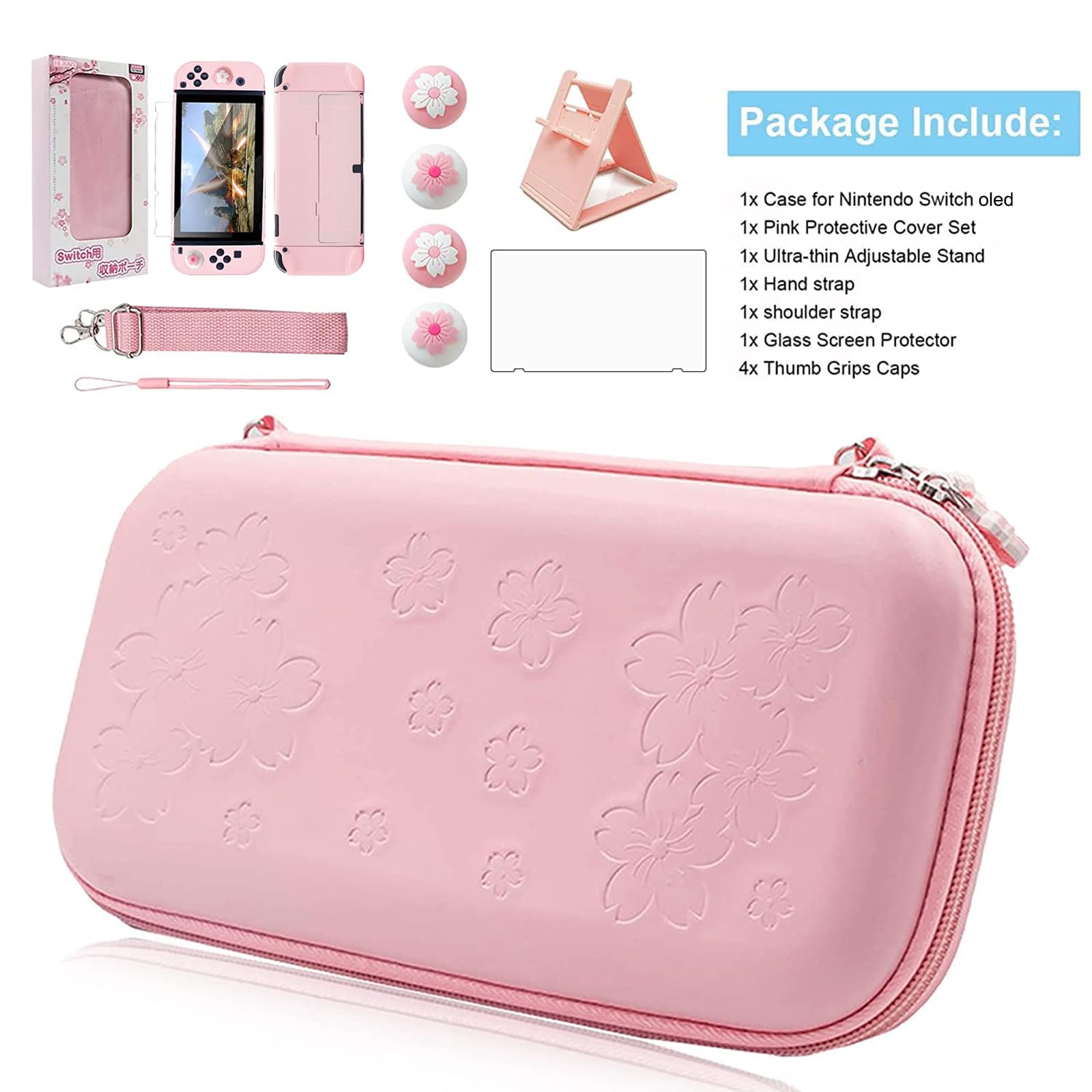 HLRAO Kit d'accessoires pour étui de transport rose Sakura compatible avec Switch OLED .Housse de protection pour interrupteur rose, support réglable,protecteur d'écran et jolies poignées de pouce.