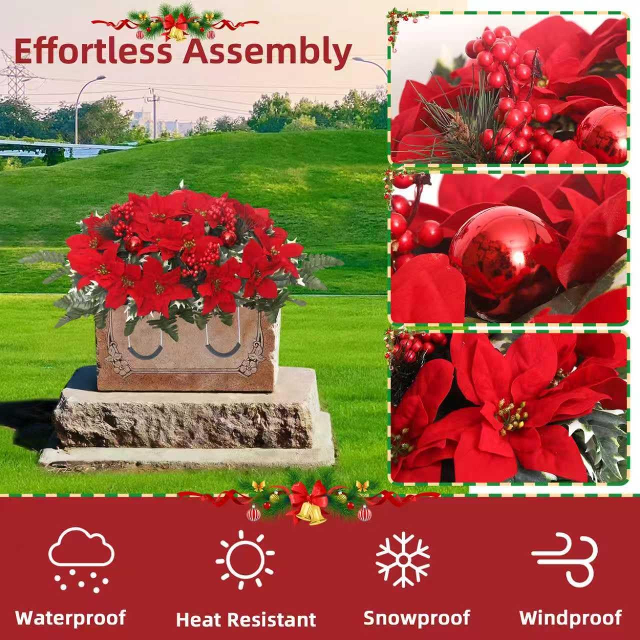 Lodou Christmas Cemetery Flowers Saddle - Red Poinsettias & Berries Plastic Grave Memorial Decor, Fade-Resistant for 60-90 Days, Weatherproof (Red)
